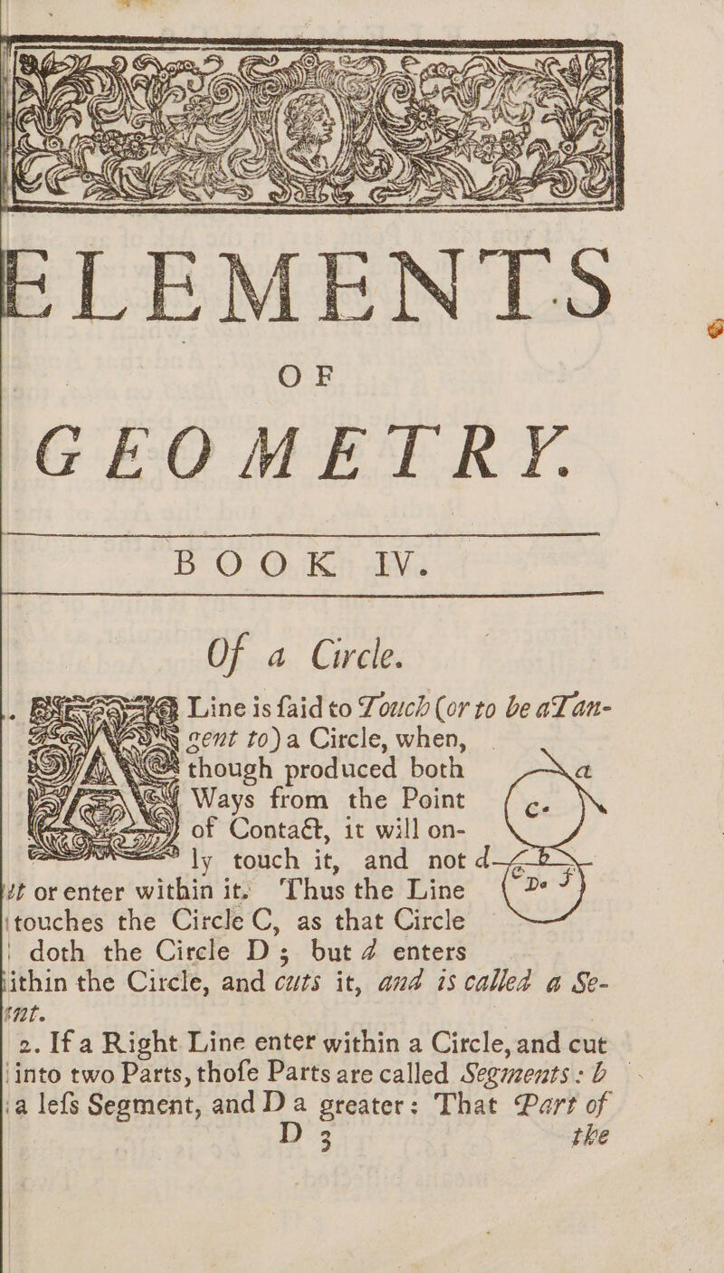 | %, Bee Ur 20 A RACE à > > LES iat i Re WH Se ASS) PALS, Le EC = WY Ss . aM A [Pee AS, SrA 2 . IN EE à || / À - y = = + = a . by Key > 3 ER Y À NE ï F es E [ * GEOMETRY. BOOK IV. Of a Circle. aE Line is faid to Touch (or to be aTan- WNASS cent to)a Circle, when, KES though produced both =\ Ye Ways from the Point ee Sy} of Contaét, it will on- TRES |y touch it, and not d tt orenter within it. ‘Thus the Line ‘touches the Circle C, as that Circle ' doth the Circle D ; but 7 enters lithin the Circle, and cuts it, and is called a Se- int. 2. Ifa Right Line enter within a Circle, and cut ‘into two Parts, thofe Parts are called Segments: b ia lefs Segment, and Da greater: That Part of D 3 the