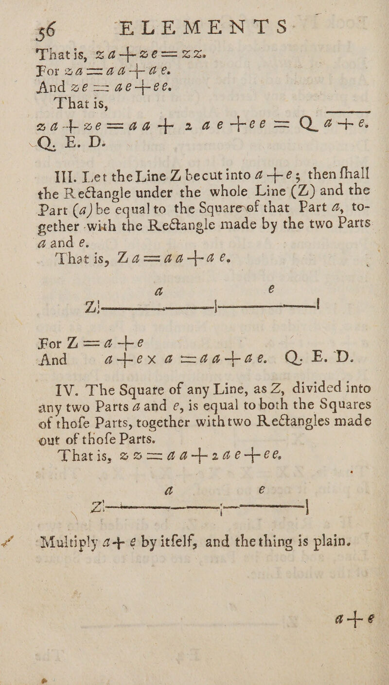 Thatis, sa+ze= Zz, | Forga—aa+tue, And ze == ae+-ee. That is, | sakremaut i1aetee = Q4+6 Q. E. D: IIL. Let the Line Z becutinto 4e; then fhall the Reétangie under the whole Line (Z) and the Part (4) be equal to the Squareof that Part 2, to- gether with the Rectangle made by the two Parts aand e. _ Thatis, Zamaatae, Zi ———|—______— For Z==a-Le | | And atexa=aa+ae QE. D. IV. The Square of any Line, as Z, divided into any two Parts a and e, is equal to both the Squares” of thofe Parts, together withtwo Rectangles made out of thofe Parts. | Thatis, 2%—=4atiaetee, a e vA pai Le Ci CNE | ‘Multiply a+ ¢ by itfelf, and thething is plain. a+e