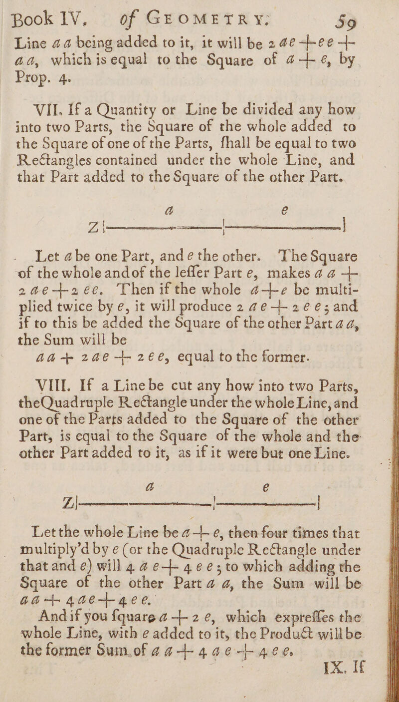 Line 24 being added to it, it will be 2 48 bee + aa, whichis equal tothe Square of 44e, by Prop. 4. VII, Ifa Quantity or Line be divided any how into two Parts, the Square of the whole added to the Square of one of the Parts, fhall be equal to two Reétangles contained under the whole Line, and that Part added to the Square of the other Part. io eee, e Gi = Let abe one Part, ande the other. The Square of the whole andof the leffer Part e, makes a & + 2a@e+2¢e. Thenif the whole ae be multi- plied twice by e, it will produce 2 ae +-2¢ ¢€; and if to this be added the Square of the other Part aa, the Sum will be : aa + 246 + 26e, equal tothe former. VIII. If a Line be cut any how into two Parts, theQuadruple R ectangle under the whole Line, and one of the Parts added to the Square of the other Part, is equal tothe Square of the whole and the other Part added to it, as if it were but one Line. a € A a Ae Letthe whole Line be ze, then four times that multiply’d by e (or the Quadruple Reétangle under that and e) will 4 4 e- 4 6 e ; to which adding the Square of the other Part a a, the Sum will be Ga+4aae+4ee, And if you fquare a + 2e, which expreffes the whole Line, with e added to it, the Product willbe the former Sum.of aa-+-4a¢---4ee IX. If