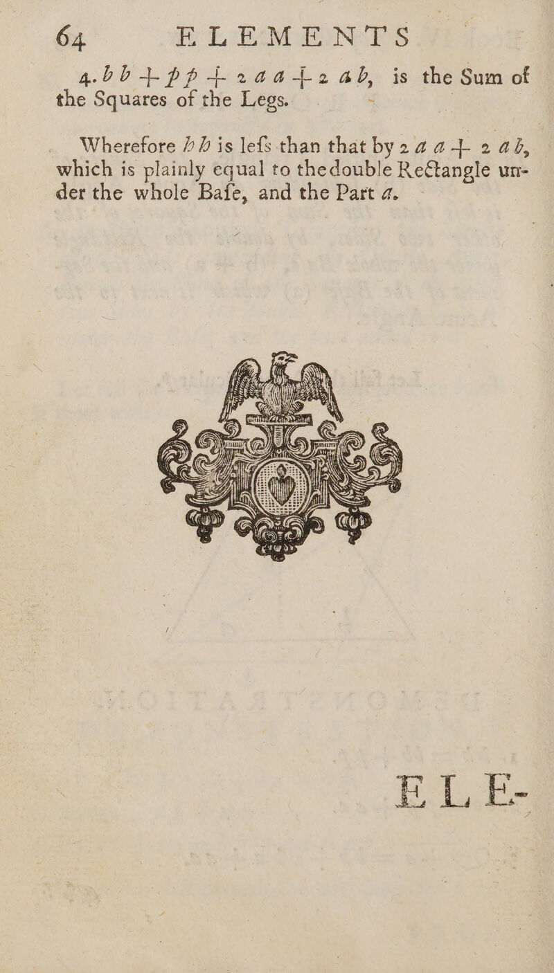 4.560 + pp t2aa+24b, is the Sum of the Squares of the Legs. : | Wherefore 2 is lefs than that by 2 4 4 L 2 48, which is plainly equal to thedouble Re&amp;tangle un- der the whole Bafe, and the Part a. EL Be