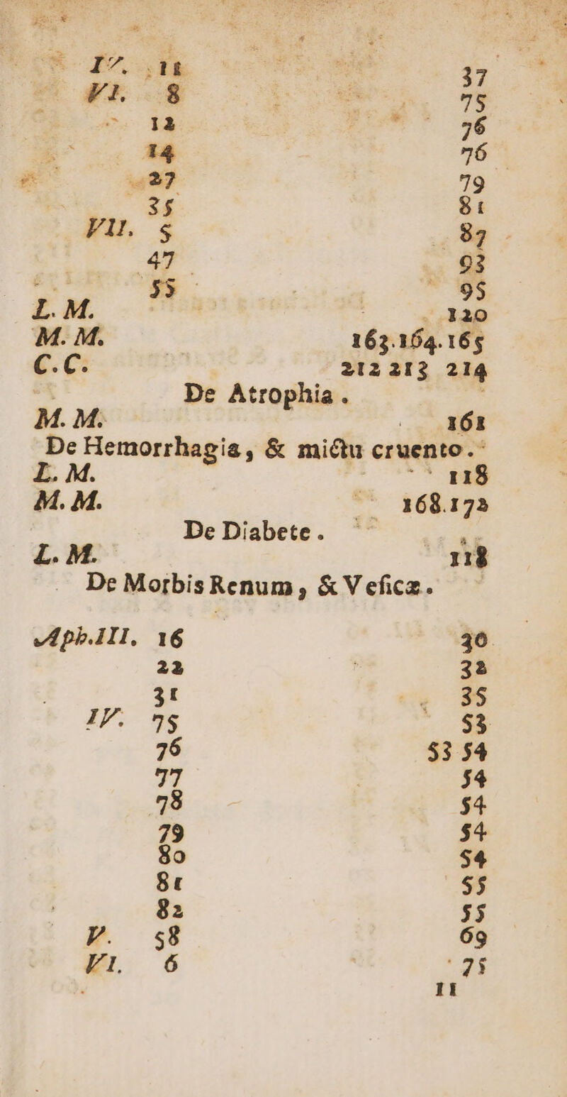 AIV, IER wks zi so 13 ^ 76 IE 76 et 027 79 EU 81 EU, S 87 | 4. 93 dee ds 7M | - L. M. p PTS M. M. : n 154.165 e. C: 212213 214 De Atrophia. M. M. | 161 De Hemorrhagia , &amp; mictu cruento. L. M. US Ji M. M. /—— 168.173 DeDiabete. — 2 L. M. 118 : Dc Morbis Renum, &amp;Vefczm. — v Epb.Ill, 16 36 23 , 32 3! Iu IP. 9$ 53 76 53 54 77 54 78 $4 79 $4 8o $4 8t $5 82 55 V. s8 69 FI. 6 25 1i