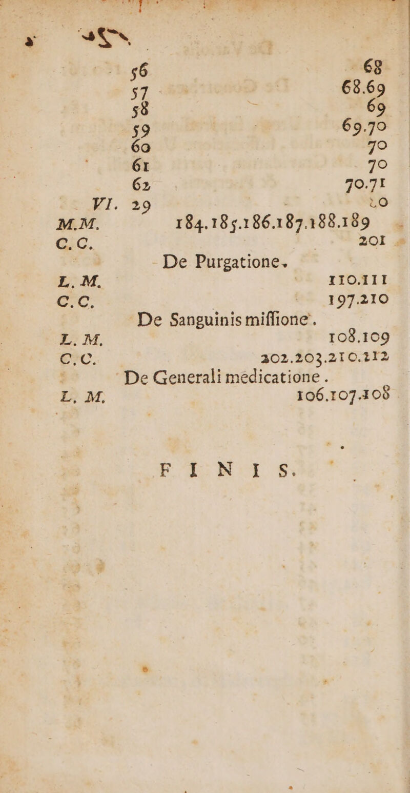 Nw EX NU L $6 - 68 57 68.69 58 69 59 69.70 6o 7o 6r 7o 62 1s EJ. $ M.M. 184.185.186. da 188. 189 C.C Z20I - | De Purgatione. L. M. oí zrOXII eC 197.210 De Sanguinis miffione.. L.M 108.109 C.C 202.203.210.212 : De Generali médicatione .