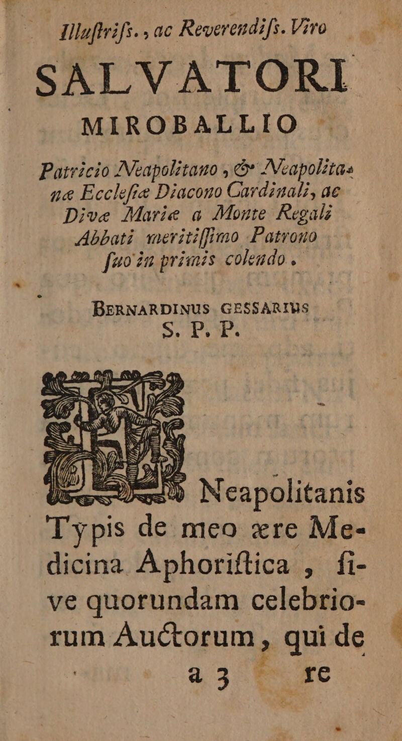 | Tof. , ac Revereudifs. Vivo — SALVATORI MIROBALLIO Patricio INeapolitauo , & IVeapolitas u«& Ecclefie Diacono Cardinali, ae Dive Marie a Moute Regali Abbati vneriti[[rmo Patrono fuo iu prias colendo BERNARDINUS GESSARIVUS S.P.T NN Du Ud eue) Neapolitanis Typis de meo xre Me- ve quorundam celebrio- rum Auctorum , qui de ? : a3 b«c
