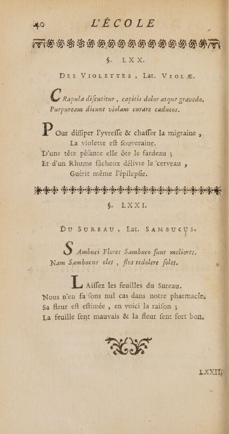 FFUS LE BAI IE II RSR TS ECL E TXz $$. V TOHLLE T TES at. V a OI. Cu difcutitur , capitis dolor atque gravede. Purpuream dicunt violam curare caducos. Co P Our diffiper l'yvreffe & chaffer la migraine ,. La violette eft fouveraine, ; D'une tête péfante elle óte le fardeau ; Et d’un Rhume fâcheux délivre le cerveau , Guérit méme l'épilepfie, Se SERRE Tk Du SUREAU, Lat SAMBUCU 5 $ Ambuct Flores Sambuco funt. meliorer, Nam Sambucus olet , flos redolere folet. t Aiffez les feuilles du Sureau. Nous n'en fa'fons nul cas dans notre pharmacie, Sa fleur eft eftimée , en voici la raifon ; La feuille fent mauvais & la fleur fent fort bon,