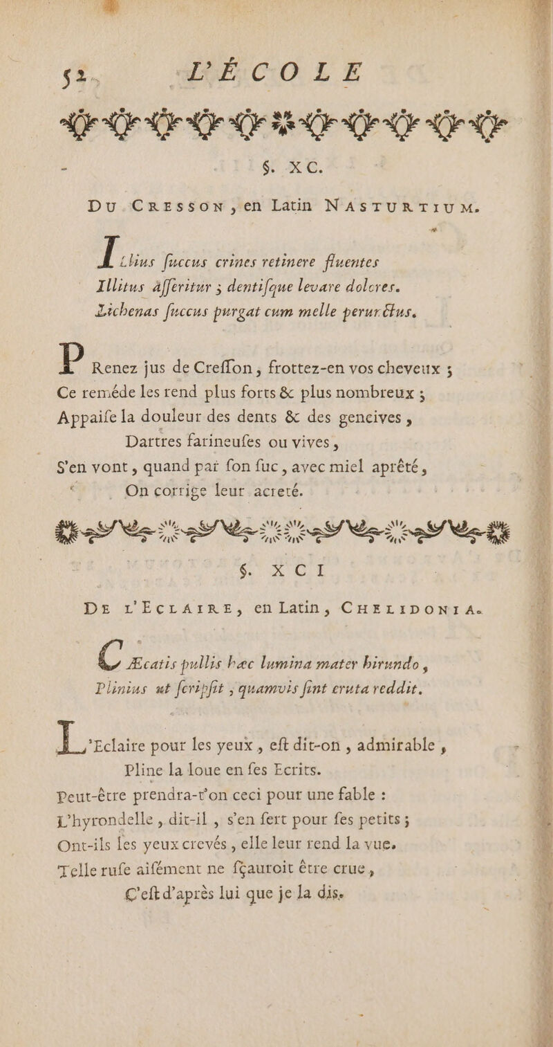 jo cO iE XO nO OE OE OR ORO Oe 4 $. XC. Du Cnarzssow,en Latin NASTUR TIU M. ue T Lus fuccus crines retinere. fluentes Illitus Affevitur 5 dentifque levare dolcres. Lichenas fuccus purgat cum melle perur ctus, p Renez jus de Creffon , frottez-en vos cheveux ; Ce reméde les rend plus forts &amp; plus nombreux ; Appaifela douleur des dents &amp; des gencives, Dartres farineufes ou vives À S'en vont , quand pai fon fuc , avec miel aprété, L3 On corrige leur acreté. 7 7 US “YO Dr L'ECLATRE, enlatin, CHELIDONN.A« E Æcatis pullis hec lumina mater birundo, Dlinius ut fcripfit ; quamvis fint eruta reddit. Lg pour les yeux , eft dit-on , admirable , Pline la Ioue en fes Ecrits. Peut-être prendra-t'on ceci pour une fable : L'hyrondelle , dit-il , s'en fert pour fes petits ; Ont-ils les yeux crevés , elle leur rend La vue, Telle rufe aifément ne fgauroit être crue, C'eft d’après lui que je la dis. 7 1 RS pu oM Moe aea re SU ten PTT GES be > à Z3. Mr ie
