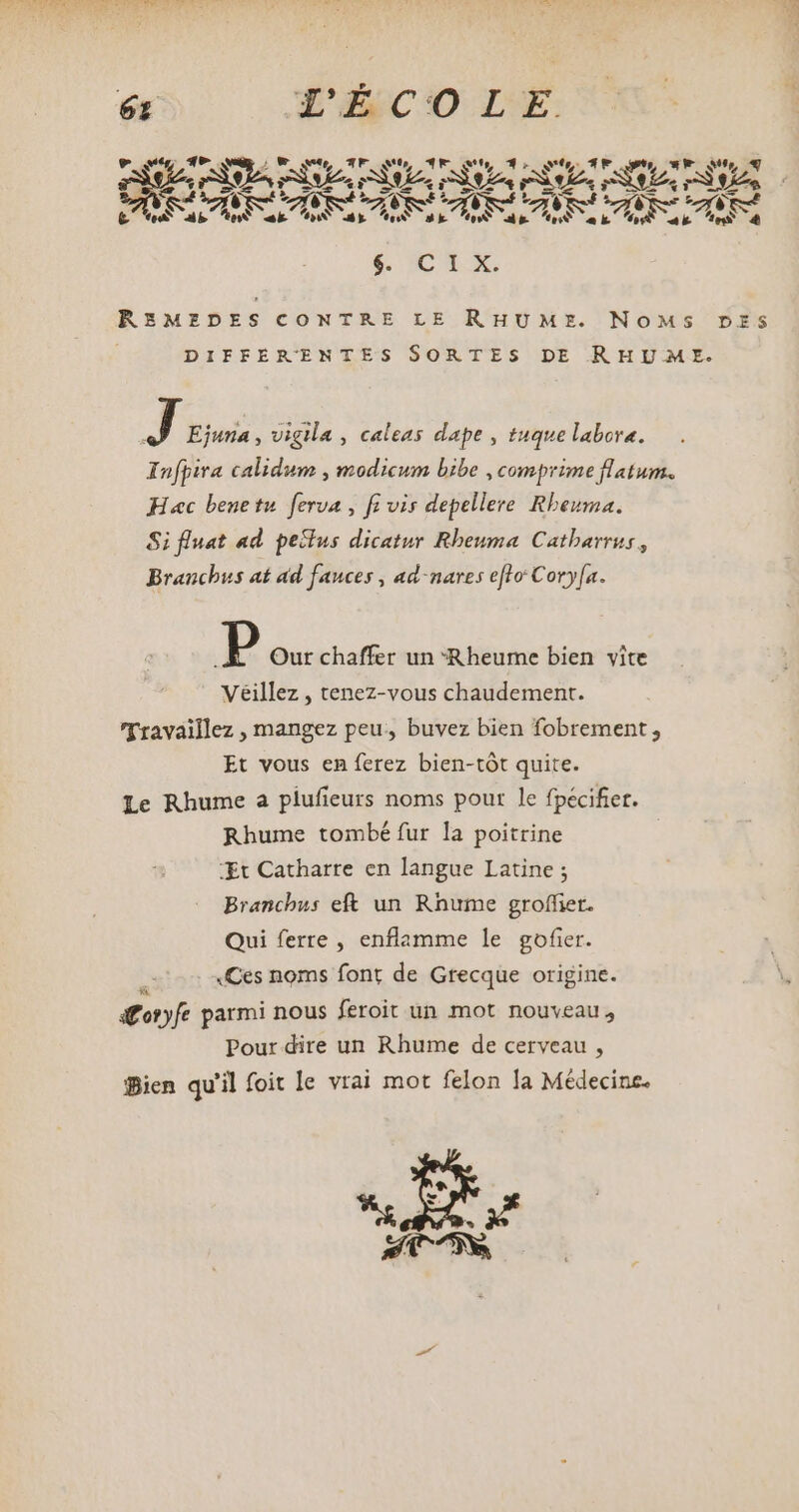 6t L'ÉCOLE v |. à wow, TEC M, GR eth, À > E oleae eue els D Jesi ES ab ^w ak A PT » AL AR Zr 3 A: d ZAR ^k $. CX X REMEDES CONTRE LE RHUME NoMs DIFFÉRENTES SORTES DE RHUME. J uos; vigila , caleas dape , tuque labora. Infpira calidum , modicum bibe , comprime flatum. H«c bene tu. ferva , fi vis depellere Rbeuma. Si fluat ad pectus dicatur Rheuma Catharrus, Branchus at ad fauces , ad- nares efl Cory[a. P Our chaffer un Rheume bien vite Véillez , tenez-vous chaudement. 'Travaillez , mangez peu, buvez bien fobrement , Et vous en ferez bien-tót quite. Le Rhume a plufieurs noms pour le fpecifiet. Rhume tombé fur la poitrine ‘Et Catharre en langue Latine; Branchus eft un Rhume groffiet. Qui ferre , enflamme le gofier. à «Ces noms font de Grecque origine. a£onjfe parmi nous feroit un mot nouveau, Pour dire un Rhume de cerveau , Bien qu'il foit le vrai mot felon la Médecine. aud DES