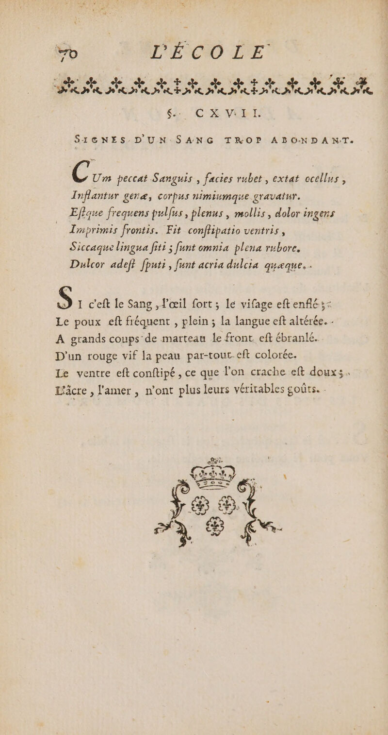 SIENES. D'U.N:S ANG TROP ABO:ND ANT. p. peccat Sanguis , facies vubet , extat. ocellus , Inflantur gena, corpus nimiumque gravatur. Efique frequens pulfus , plenus , mollis , dolor ingens Imprimis frontis. Fit conflipatio ventris , Siccaque lingua fiti ; funt omnia. plena rubore. Dulcor adeft. fputi, funt acria dulcia queque. . S I c'eft le Sang , l'œil fort ; le vifage eft enflé s: Le poux eft fréquent , plein ; la langue eft altérée. - A grands coups de marteau le front eft ébranlé. D'un rouge vif la peau par-tour. eft colorée. Le ventre eft conftipé , ce que l'on crache eft douxs. Lácre , l'amer , n'ont plus leurs véritables goûts. .