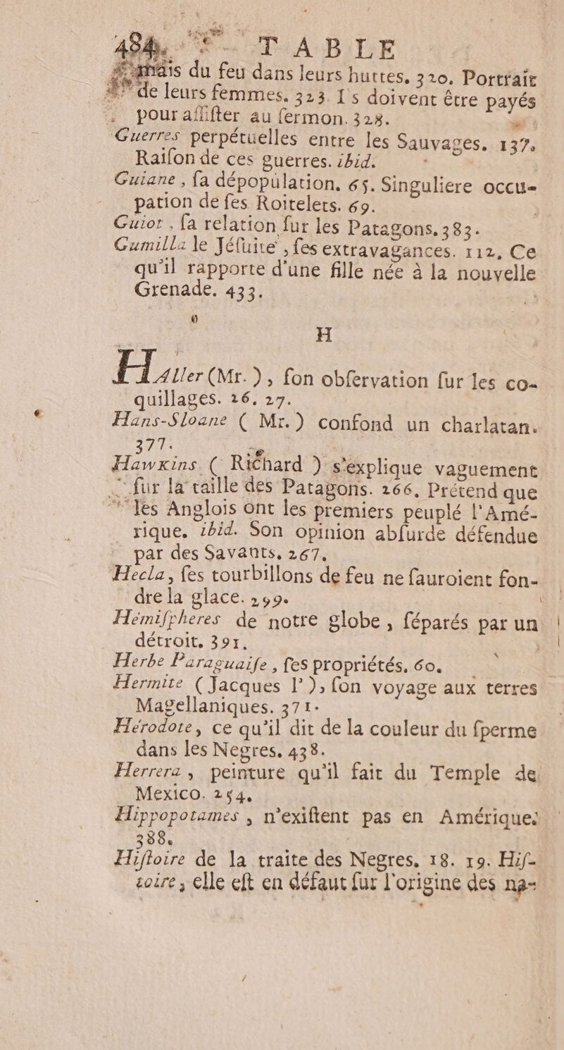 He 1 AS TA PILE Sanûis du feu dans leurs huttes. 310. Porttait MP de leurs femmes. 323. L's doivent être payés pouraflifter au fermon. 328. = Guerres perpétuelles entre les Sauvages, 137 Raïfon de ces guerres. i4id. Guiane , fa dépopulation, 65. Singuliére occu- pation de fes Roïitelers. 69. Guiot , fa relation fur les Patagons. 383. Gumilla le Jéfuite , fes extravagances. 112, Ce qu’il rapporte d'une fille née à la nouvelle Grenade. 433. | () H te PT (Mr. ), fon obfervation fur les co- quillages. 26. 27. Hans-Sloane ( Mr.) confond un charlatan. 77: « Nas 6 Richard ) s'explique vaguement —_ fur la’taille des Patagons. 266, Prétend que “Tes Anglois ont les premiers peuplé l'Amé- rique. 2bid. Son opinion abfurde défendue par des Savants, 267, Hecla, fes tourbillons de feu ne fauroient fon- dre la glace. : 99. 4 Heimifpheres de notre globe x féparés par un | détroit. 391. se Herbe Paraguaife, fes propriétés. 60. ; Hermite (Jacques |), fon voyage aux terres Magellaniques. 371: Hérodote, ce qu’il dit de la couleur du fperme dans les Negres, 438. Herrera , peinture qu'il fait du Temple de, Mexico. 254, a Hippoporames , n’exiflent pas en Amérique 338. À Hifloire de la traite des Negres, 18. 19. Hif- toire; elle eft en défaut fur l'origine des ng- &gt;