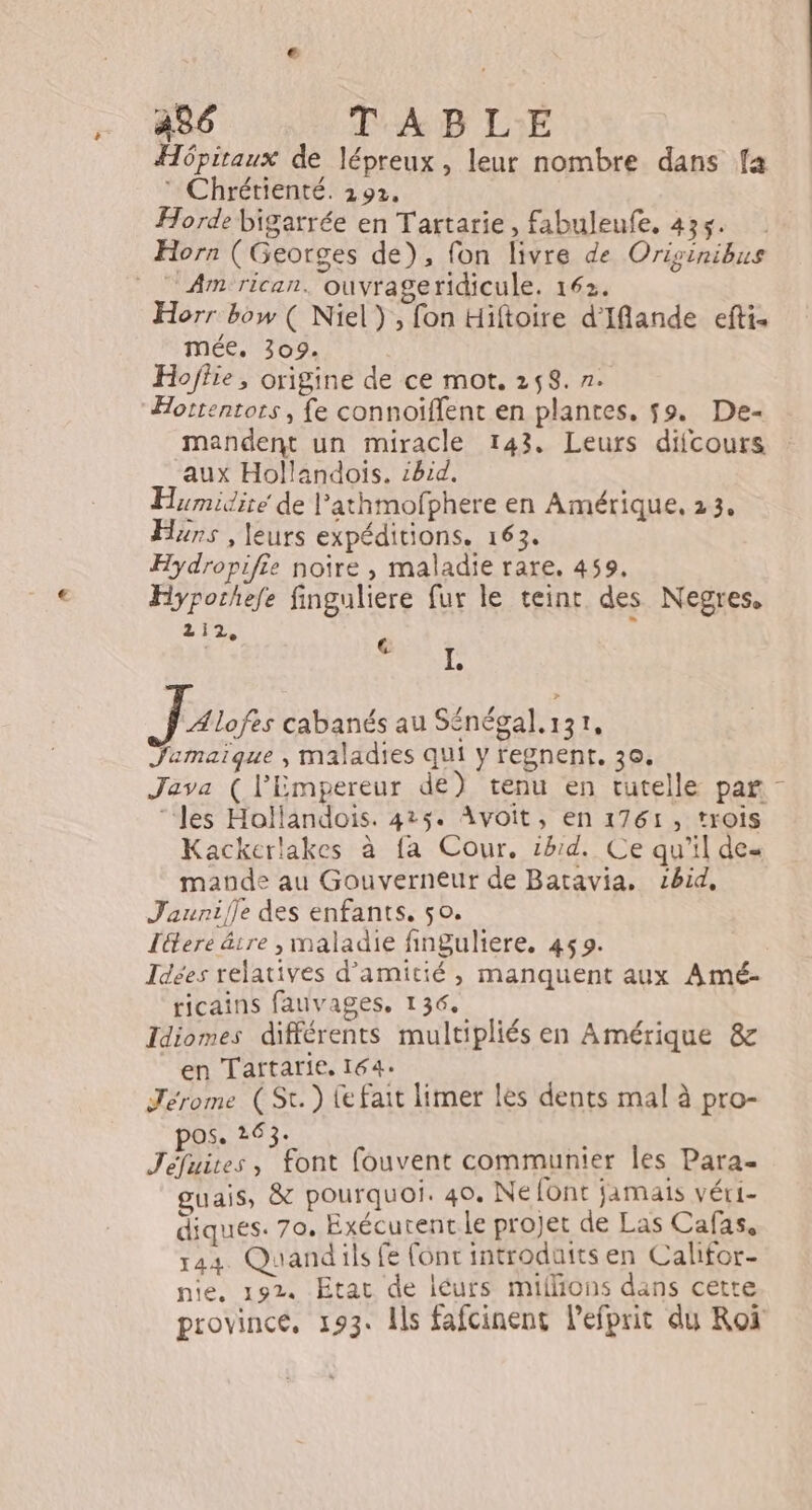 306 AD LE Hôpitaux de lépreux, leur nombre dans fa ” Chrétienté. 192. Horde bigarrée en Tartarie, fabuleufe. 435. Horn (Georges de), fon livre de Orisinibus Am rican. ouvrageridicule. 162. Horr bow ( Niel) , fon Hiftoire d'Iflande efti. mée. 309. Hoffie, origine de ce mot, 258. 7. Hotrentors, fe connoiflent en plantes, 59. De- mandent un miracle 143, Leurs difcours aux Hollandois. :bid. umidité de l’athmofphere en Amérique, 23, Hans , leurs expéditions. 163. Hydropifie noire , maladie rare. 459, Hyporhefe finguliere fur le teint des Negres, 212, P L Alofes cabanés au Sénégal,131, Jamaique , maladies qui y regnent. 30, Java ( l'Empereur de) tenu en tutelle par “les Hollandois. 425. Avoiït, en 1761, trois Kackerlakes à fa Cour, ibid. Ce qu’il de« mande au Gouverneur de Batavia, cbid, Jaunifle des enfants, 50. Iétere âire , maladie finguliere. 45 9. Idées relatives d’amitié, manquent aux Amé- ricains fauvages. 136, Idiomes différents multipliés en Amérique &amp; en Tartarie, 164. Jérome ( St.) le fait limer les dents mal à pro- pos. 263: d Jéfuites , font fouvent communier les Para- guais, &amp; pourquoi. 40, Nelont jamais vér1- diques. 70, Exécurent le projet de Las Cafas, 44 Quandils fe (ont introduits en Califor- nie, 192. Etat de léurs millions dans cette