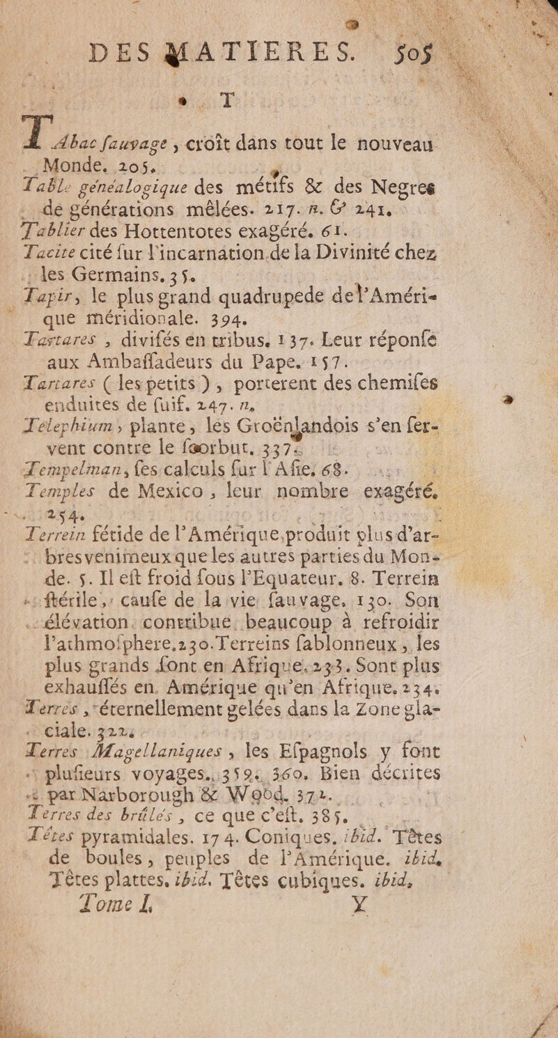 Lt œ nu DES MATIERES. Soÿ Noir Pr fauvage, croît dans tout le nouveau . Monde. 105. SALE Tab]: genealogique des métifs &amp; des Negres . dé générations mêlées. 217. #. 6 241, Tablier des Hottentotes exagéré. 61. Tacire cité fur l'incarnation.de la Divinité chez .: les Germains. 35. Tayir, le plus grand quadrupede del’Améri- que méridionale. 394. Tartares , divifés en tribus. 137. Leur réponfe aux Ambañfadeurs du Pape. 157. Tartares (lespetits ), porterent des chemiles enduites de [uif, 247.72 V7 Jélephium, plante, les Groënlandois s’en fer- vent contre le faorbut, 3374 : ; Tempelman; fes calculs fur l'Afe, 68. Là Temples de Mexico , leur nombre exagéré, ue SA % ss AE T. ta fétide de l’Amérique,produit elusd’ar- :: bresvenimeux que les autres parties du Mon: de. 5. Il eft froid fous l'Equateur. 8. Terrein rs ftérile,’ caufe de la vie: fauvage. 130. Son .- élévation. contribue. beaucoup à refroidir l’athmofphere,230.Terreins fablonneux, les plus grands font en Afrique.233. Sont plus exhauflés en, Amérique qu'en Afrique, 234. Terres ,érernellement gelées dans la Zone gla- + clale: 322: STI TES Terres : Magellaniques , les Efpagnols y font \ pluñeurs voyages.;359: 360. Bien décrites + par Narborough &amp; Wabd. 372. | Terres des bréles, ce queérc'eit. 285, x Têtes pyramidales. 17 4. Coniques. :hid. Tètes de boules, peuples de l'Amérique. 1454 Têtes plattes, 134, Têtes cubiques. cbid, Tome I,