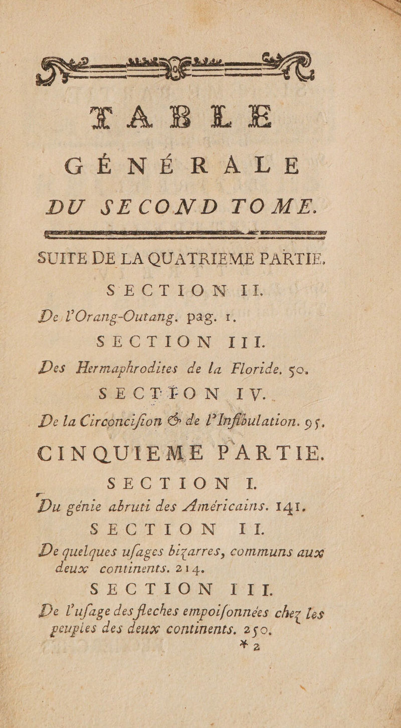 V4 GÉNÉRALE DU SECOND TOME. SUITE DE LA QUATRIEME PARTIE. SE CT CLONE. De lOrang-Outans. pag. t. SEE TEEN TITI Des Hermaphrodites de la Floride, so. SECTFEON. IV. De la Circoncifon &amp; de PInfibulation. 05. CINQUIEME PARTIE. . SECTION 1H Du genie abruti des Américains. 141. SPACE ON, LE De quelques ufages bizarres, communs aux deux continents. 214. | S EC FT EONCT'TTF De l'ufage des fleches empoifonnées chez Les peuples des deux continents. 250. | # 2
