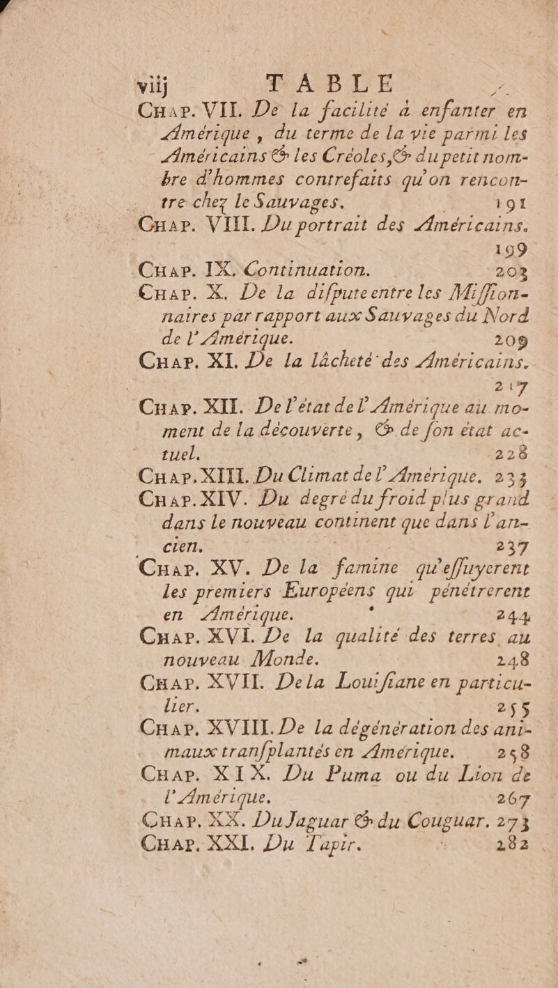 CHar. VII De la facilité à enfanter en Amérique, du terme de la vie parmi Les Américains © les Créoles,&amp; du petit nom- bre d'hommes contrefaits qu'on rencon- … tre chez le Sauvages. 191 Cnar. VIIL. Du portrait des Américains. 199 Cap. IX, Continuation. 203 €CHap. X. De la difpureentre les Miffion- naires par rapport aux Sauvages du Nord de l'Amérique. 209 Cuapr. XI. De la lâcheté des Américains. k FE og Cuar. XII. De l'etat de l'Amérique ai Fe ment de la découverte, © de fon état ac- tuel. 228 CHap. XIII. Du Climat del Amerique. 233 Cap. XIV. Du degre du froid plus grand dans Le nouveau continent que dans l’an- ACHETE R 237 Car. XV. De la famine qu'effuycerent les premiers Européens qui pénétrerenr en merique. : 244 CHapr. XVI. De la qualité des terres au nouveau Monde. 248 Cuar. XVII Dela Lour/frane en particu- lier. 255 Cap. XVIIL De la dégéneration des ani- maux tran/plantés en Amérique. 268 CHar. XIX. Du Puma ou du Lion de l'Amérique. 267 CHap. XX. Du Jaguar &amp; du Couguar. 273 Char. XXI, Du Taprr. 282 .