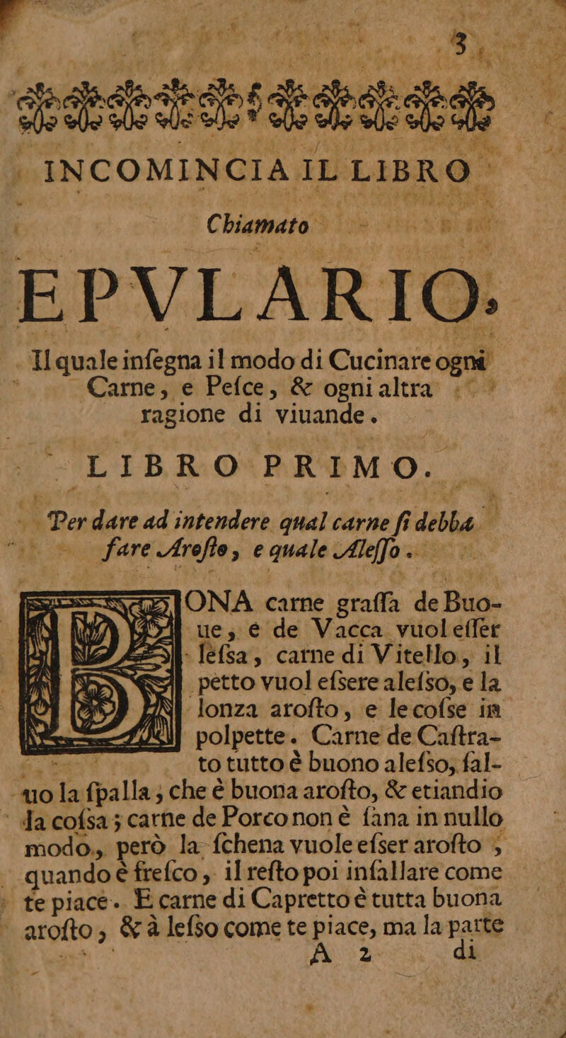 | Chiamato | 0 0° EPVLARIO EPVLARIO: + I quale infegna il modo di Cucinare ogni Carne, e Pefce, &amp; ognialtra . ragione di viuande. | LIBRO PRIMO. ; Per dare ad intendere qual carne fi debba 4 fare Arofo, e quale Alefo. ©. CIN ONA carne graffa de Buo- RO ue; e de Vacca vuoleffer FAZI Iefsa, carne di Vitello, il “i petto vuol efsere alefso; e la ‘lonza arofto, e lecofse in polpette. Carne de Caftra- 6 a to tutto è buono alefso, fal- «mo la fpalla; che è buona arofto, &amp; etiandio modo. però la-fchena vuole efser arofto + - 2 di