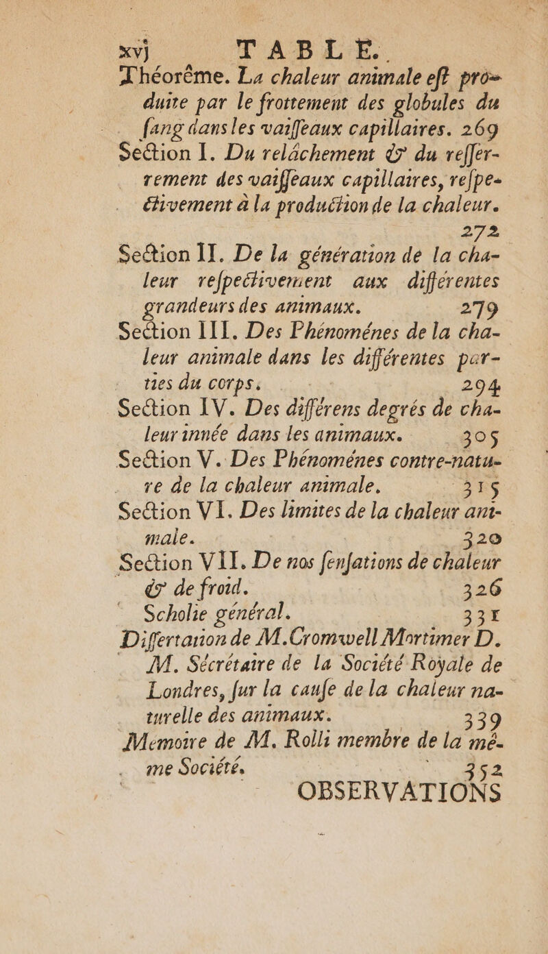 xv] TABLE. Théoréme. La chaleur animale ef? pro duite par le frottement des globules du fang dansles vaifeaux capillaires. 269 Section I. Du relachement &amp; du reffer- rement des vaiffeaux capillaires, refpe- Givement à la production de la chaleur. 272 Section I. De la génération de la cha- leur refpectivement aux differentes randeurs des animaux. 279 Section III. Des Phénoménes de la cha- leur animale dans les différentes par- tes du corps. | 294 Section IV. Des différens degrés de cha- leurinnée dans les animaux. 305 Se&amp;ion V. Des Phénoménes contre-natu- re de la chaleur animale, 315 Section VI. Des limites de la chaleur ant- male. 320 Section VII. De nos fenfations de chaleur _ &amp; de froid. C4 Scholie général. 33 D; fertanon de M.Cromwell Mortimer D. … M. Sécrétaire de la Société Royale de Londres, fur la caufe de la chaleur na- turelle ies animaux. Mémoire de M. Roll: membre de la ma me Société, | OBSERVATIONS