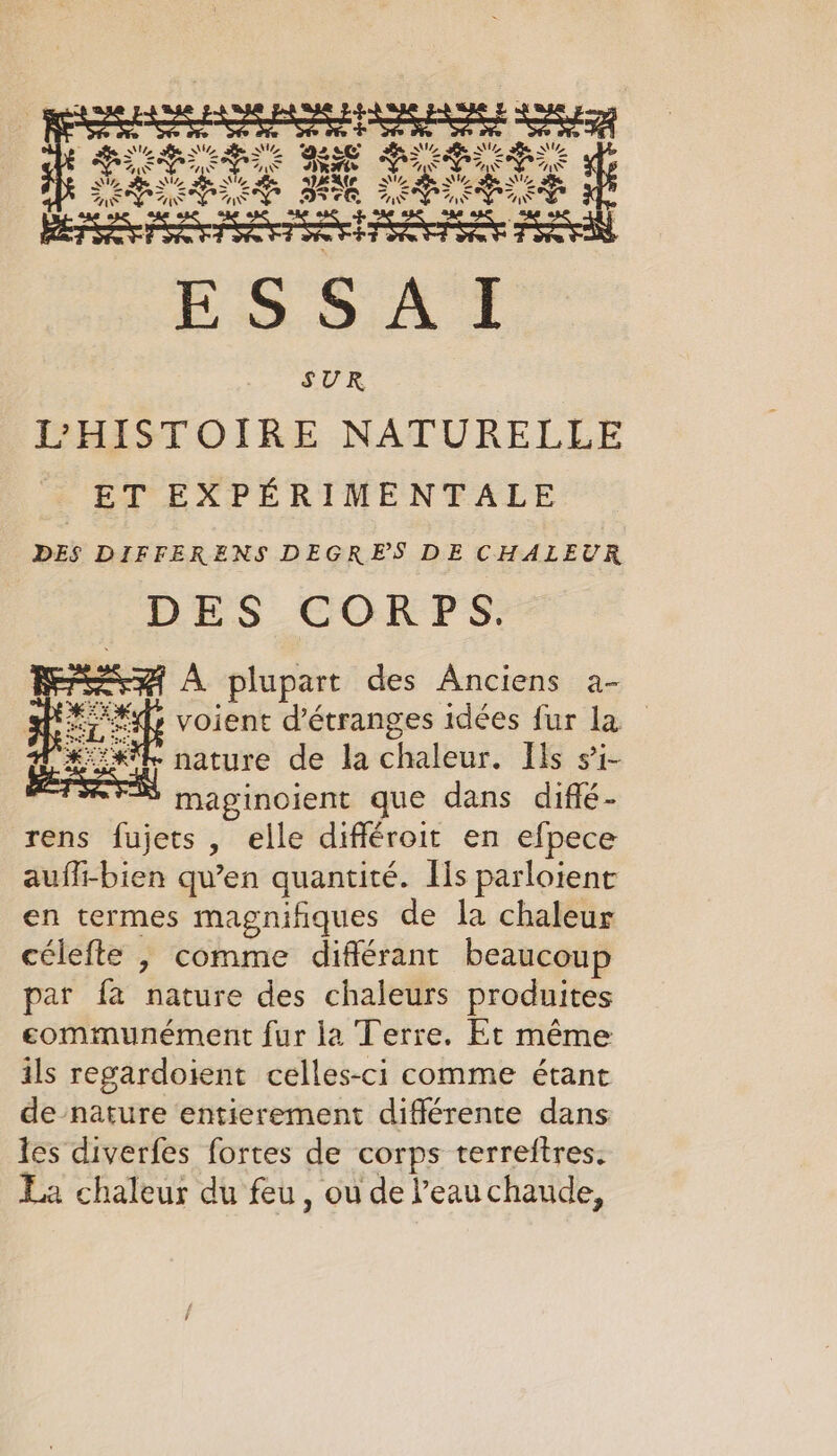 ERA RCE AAS SOU + ie s le. Hes, 22 ee Le à QU Le NZ Le RUZ SYS LAS Rte 9, ne YF N Fos 4 SZ Me ae SUR LHISTOÏIRE NATURELLE ET EXPERIMENTALE DES DIFFERENS DEGRES DE CHALEUR DES CORPS. FA À plupart des Anciens a- Hee *, voient d’étranges idées fur la #:29% nature de la halbur. TS. si RSR EN maginoient que dans diffé- rens fujets , elle différoit en efpece aufli-bien qu’en quantité. Hs parloient en termes magnifiques de la chaleur célefte , comme differant beaucoup par fa nature des chaleurs produites communément fur la Terre. Et même ils regardoient celles-ci comme étant de nature entierement différente dans les diverfes fortes de corps terreftres. La chaleur du feu, ou de Peauchaude,