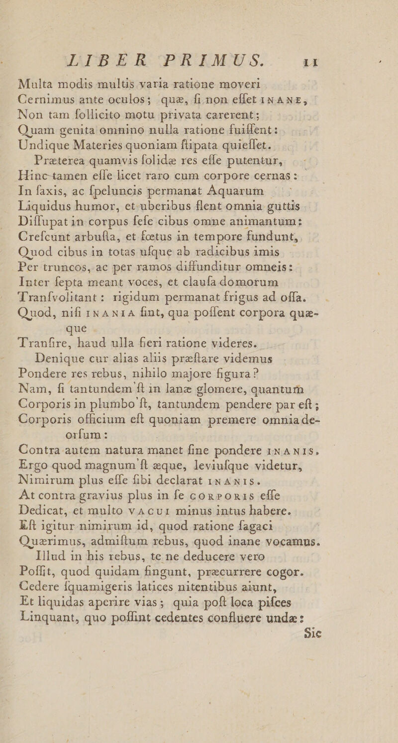 Multa modis multis yaria ratione moveri Cernimus ante oculos; que, fi non effet iN ANE, Non tam follicito motu privata carerent; Quam genita omnino nulla ratione fuiffent: Undique Materies quoniam füpata quiellet. Preterea quamvis folide res effe putentur, Hinc-tamen efle licet raro cum corpore cernas: | In faxis, ac fpeluncis permanat Aquarum - Liquidus humor, et uberibus flent omnia guttis Diífupat in corpus fefe cibus omne animantum: Crefcunt arbufla, et fetus in tempore fundunt, Quod cibus in totas ufque ab radicibus imis Per truncos, ac per ramos diffunditur omneis: Inter fepta meant voces, et claufa domorum Tranívolitant: rigidum permanat frigus ad offa. Quod, nifi iN AN1A fint, qua poífent corpora quz- ue | 'Tranfire, haud ulla fieri ratione videres. Denique cur alias alis praftare videmus Pondere res rebus, nihilo majore figura? Nam, fi tantundem ft in lanz glomere, quanturmn Corporis in plumbo ft, tantundem pendere par eft; Corporis officium eft quoniam premere ad sig orfum : Contra autem natura manet fine pondere 1x A N15. Ergo quod magnum ft eque, leviufque videtur, Nimirum plus effe fibi declarat xs Ars. At contra gravius plus in fe cog »onas effe Dedicat, et multo vA cur minus intus habere. Kt igitur. nimirum id, quod ratione fagaci Ouezrimus, admiftum rebus, quod inane vocamus. Illud in his rebus, te ne deducere vero Poffit, quod quidam fingunt, precurrere cogor. Cedere Íquamigeris latices nitentibus aiunt, Et liquidas aperire vias; quia poft loca pifces Linguapt, quo poffint cedentes confluere unda : 91C