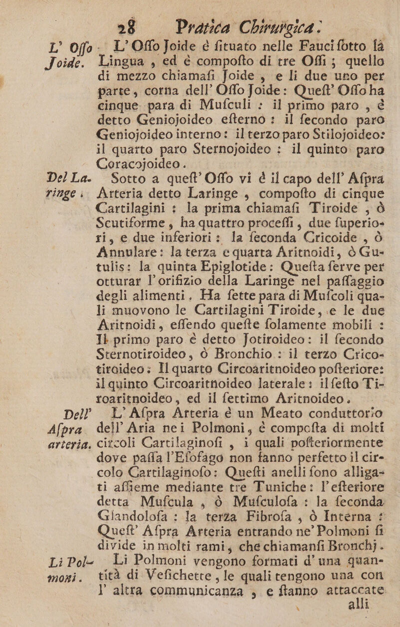 L’ Offo L'OffoJoide e fituato nelle Fauci fotto fa Joide. Lingua , ed è compofto di tre Offi ; quello di mezzo chiamafi Joide , e li due uno per parte, corna dell’ Offo Joide: Queft’ Offo ha cinque para di Mufculi : il primo paro , è detto Geniojoideo efterno : il fecondo paro Geniojoideo interno: il terzo paro Stilojoideo: il quarto paro Sternojoideo : il quinto. paro Coracojoideo. Del La. Sotto a queft’'Offo vi è il capo dell’ Afpra ringe. Arteria detto Laringe , compofto di cinque Cartilagini : la prima chiamafi Tiroide , ò Scutiforme , ha quattro proceffi, due fuperio- ri, e due inferiori: la feconda Cricoide , ò Annulare: la terza cquarra Aritnoidi, è Gu- tulis: la quinta Epiglotide: Quefta ferve per otturar l’orifizio della Laringe nel paffaggio degli alimenti. Ha fette para di Mufcoli qua- li muovono le Cartilagini Tiroide, e le due Aritnoidi, efendo quefte folamente mobili : Iì primo paro é detto fotiroideo: il fecondo Sternotiroideo, ò Bronchio : il terzo Crico-. tiroideo: Il quarto Circoaritnoideo pofteriore: il quinto Circoaritnoideo laterale: il fefto Ti- | roaritnoideo, ed il fettimo Aritnoideo. Dell’ L’'Afpra Arteria € un Meato conduttorio Afpra dell’ Aria nei Polmoni, é compofta di molti arteria. citcoli Cartilaginofi, i quali pofteriormente dove paffa PEfofago non fanno perfetto il cir- colo Cartilaginofo: Quefti anelli fono alliga= ti afieme mediante tre Tuniche: l’eftetiore detta Mufcula, ò Mufculofa : la feconda Giandolofa : la terza Fibrofa , ò Interna : Queft’ Afpra Arteria entrando ne’ Polmoni fi divide in molti rami, che chiamanfi Bronchj. Li Pol: Li Polmoni vengono formati d’ una quan- moni. tità di Vefichette, le quali tengono una con l’ altra communicanza , e ftanno REI