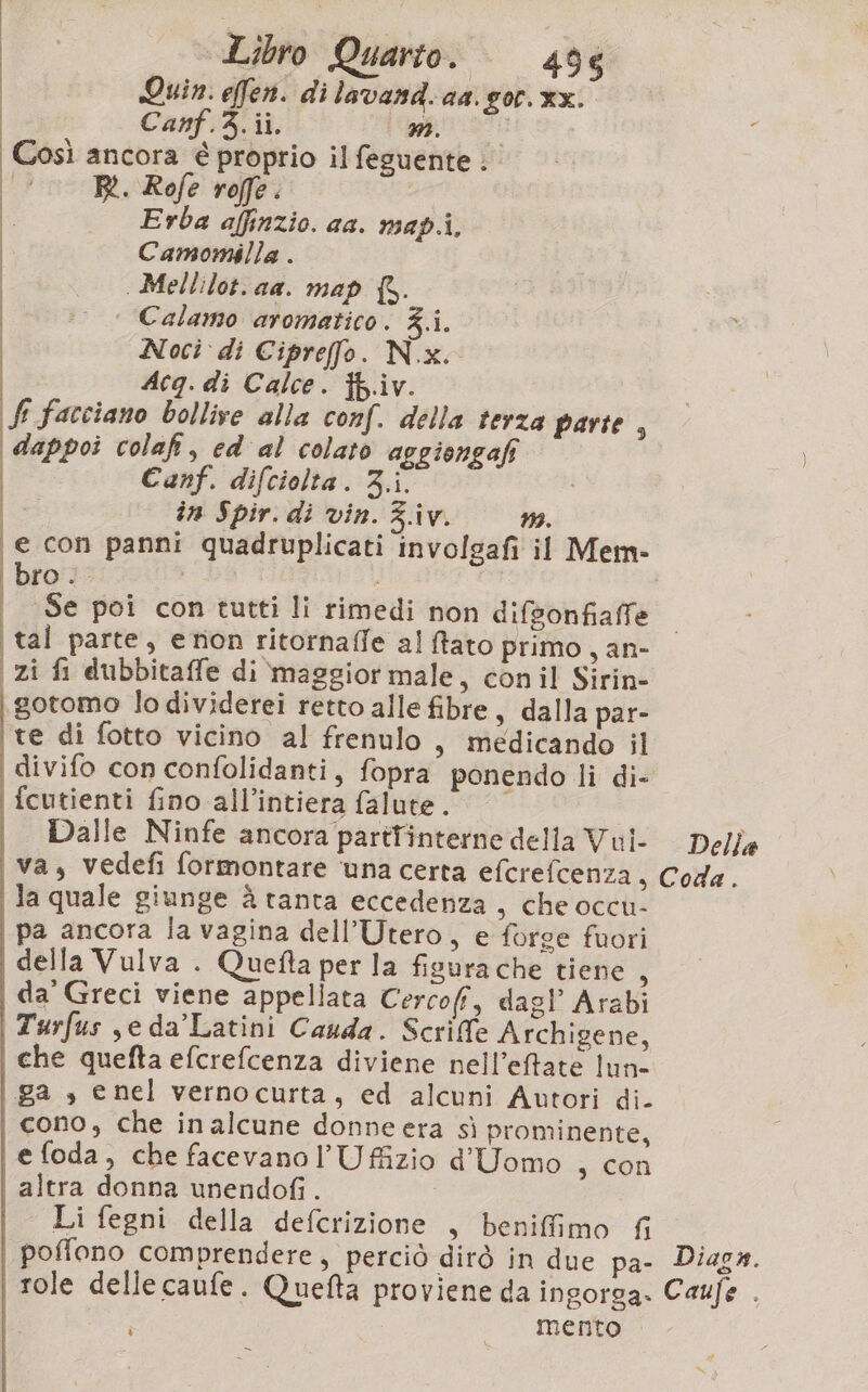 O Quin: effen. di lavand. aa. gor.xx. Canf.3.ii. mi © Così ancora é proprio il feguente . Di R. Rofe roffe. i | Erba affinzio. aa. map.i, Camomilla . Mellilot. aa. map fb. | Calamo aromatico. 3.i. | Noci di Cipreffo. N.x. | Acg. di Calce. {b.iv. (Si facciano bollire alla conf. della terza parte , ‘dappoi colafi, cd al colato aggiongafi Canf. difciolta. 3.i. | in Spir. di vin. 3.iv. ; \1e con panni quadruplicati involgafi il Mem- bro. | | tal parte, e non ritornaffe al fato primo , an- | zi fi dubbitaffe di maggior male, conil Sirin- gotomo lo dividerei retto alle fibre s dalla par- te di fotto vicino al frenulo, medicando il divifo con confolidanti, fopra ponendo li di- fcutienti fino all’intiera falute. Dalle Ninfe ancora partfinterne della Vul- va, vedefi formontare ‘una certa efcrefcenza 3 la quale giunge à tanta eccedenza, che occu- pa ancora la vagina dell’Utero, e forge fuori della Vulva . Quefta per la figura che tiene Ù da Greci viene appellata Cercofi, dagl’ Arabi | Turfus jeda’Latini Cauda. Scriffe Archigene, che quefta efcrefcenza diviene nell’eftate lun- ga , enel vernocurta, ed alcuni Autori di- cono, che inalcune donne era sì prominente, e foda, che facevano l’U ffizio d’Uomo , con altra donna unendofi . Li fegni della defcrizione , beniffimo fi poffono comprendere, perciò dirò in due pa- role delle caufe. Quefta proviene da ingorga- i . ' mento Delle Coda. Diags. Caufe .