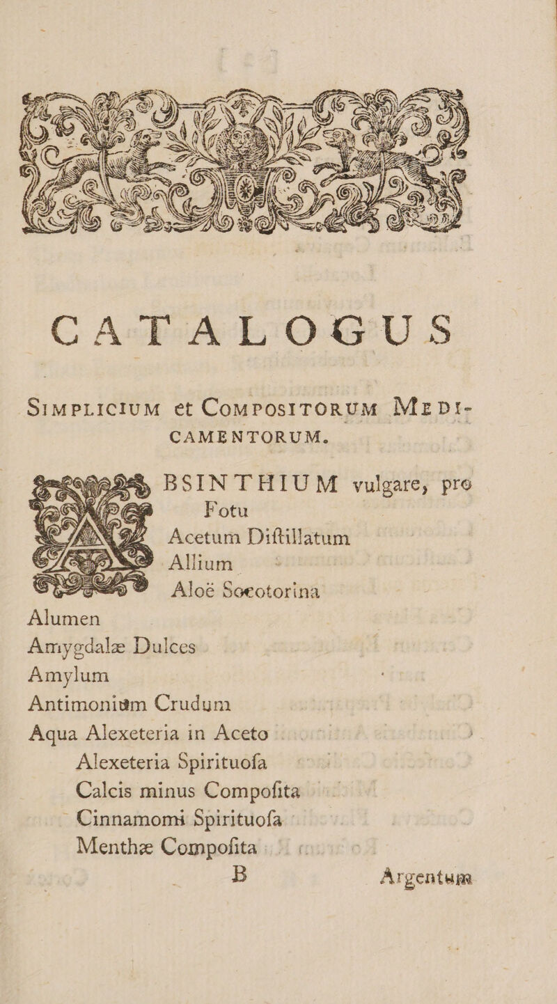 als bes, DB SIMPLICIUM et CompostToRUM MeEDt- CAMENTORUM. BSINTHIUM vulgare, pre Fotu Acetum Diftillatum Allium) Aloé Soeotorina Alumen Amygdalze Dulces Amylum Antimoniwm Crudum Aqua Alexeteria in Aceto Alexeteria Spirituofa Calcis minus Compofita - Cinnamomi Spirituofa Menthe Compofita B Argentum