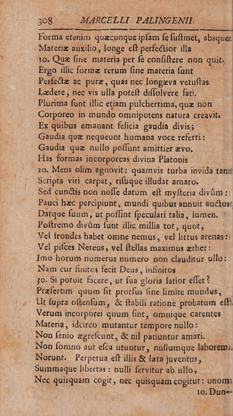 Forma etenim quacunque ipfam fe fuftinet, absque: Materiz auxilio, longe eft perfe&amp;ior illa 10. Quz fine. materia per fe confiftere non quit. Ergo illic forma rerum fine materia funt Perfecte ac pura, quas nec longava vetuf(tas Lzdere , nec vis ulla poteft diffolvere fati. Plurima funt illic etiam pulcherrima, que non Corporeo in mundo omnipotens natura creavit, Ex quibus emanant felicia gaudia divis; Gaudia quz nequeunt humana voce referri: Gaudia quz nullo poffunt amittier evo, Has formas incorporeas divina Platonis 20. Mens olim agnovit: quamvis turba invida tann Scripta viri. carpat, rifüque illudat amaro. Sed cundis non noffe datum eft myfteria divüm :: Pauci hac percipiunt, mundi quibus annuit auctorr. Datque Ínum , ut poffint fpeculari talia, lumen. Poftremo dizüm funt illic millia tot, quot, Vel frondes habet omne nemus, vel littus arenas: Vel pifces Nereus, vel ftellas maximus ather: Imo horum numerus numero non clauditur ullo: : Nam cur finitos fecit Deus , infinitos | 3o. Si potuit facere, ut fua gloria latior efTet? Pralertim. quum fit prorfus (ine limite mundus, Ut fupra oftenfüm, &amp; ftabili ratione probatum efti Verum incorporel quum fint, omnique carentes Materia, idcirco mutantur tempore nullo: Non fenio egrefcunt, &amp; nil patiuntur amati. — . Non fomno aut efca utuntur, nullumque laborem; Norunt. Perpetua eft illis &amp; leta juventus, Summaque libertas : nulli fetvitur ab ullo, Nec quisquam cogit, nec quisquam cogitur: unum | io, Dun--