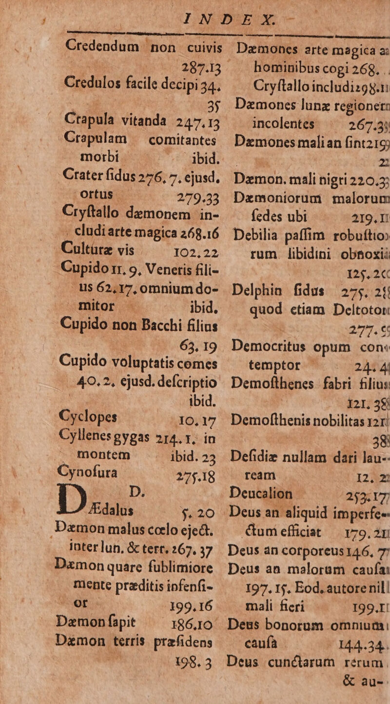 ————— Credendum non cuivis Credulos facile decipi 34. 35 Crapula vitanda 247.13 Crapulam ^ comitantes morbi ibid. Crater fidus 276, 7, ejusd. ortus | 279.33 Cryftallo demonem 'in- . cludiarte magica 268.16 Cultürz vis 102.22 Cupido Ir. 9, Venetis fili- | u$ 62, v7, omnium do- mitor - ibid. Cupido non Bacchi filius | Cupido voluptatis comes -40.2, ejusd. defcriptio ibid. Glos 10,17 Cyllenes gygas 214. 1. in ., montem ibid.23 Cynofura 275.18 Da /Edalus $4220 Damon malus coelo eject. iater lun, &amp; terr. 267, 37 Damon quare fublimiore mente preditis ipfenfi- * or 199.16 Damon fapit 186.10 Demon terris. przfidens 198. 3 hunc cin Damones arte magica ai hominibus cogi 268. . Cryftallo includizgg.n Daemones lunz regioneto incolentes 267.3! Dzmones malian fint216; | z Damon. mali nigri 220.2; Dzmoniorum malorum fedes ubi 2I9.I! Debilia paffim robuftio» rum. libidini obnoxii 125. 2« Delphia fidus 275, 2| quod ctiam Deltotori 277. € ec Donee opum con: temptor - 24. 4 Demofthenes fabri filius: I2I; 385 Demofthenis nobilitas yzri | iM 3 Defidiz nullam dari lau-- ream 12; Deucalion - 253: l7] €umefficiat — 179.21 Deus àn cotporeus 14.6, 77 Deus an. maloram caufa: 197. I$, Eod. autorennil! mali fieri . 199.II Deus bonorum omnium; caufa 144.34. Deus cunctarum rérum. &amp; au-