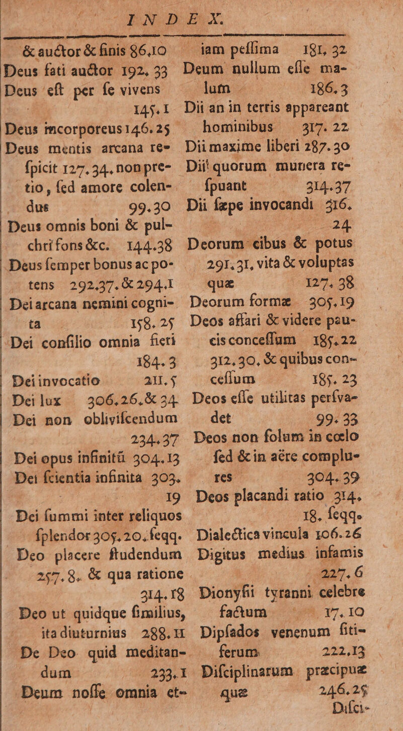 ? APO €— &amp; bcr &amp; uet $60 Deus fati auctor. 192, 33 a eft per fe vivens I4. I Deus mentis arcana re» fpicit 127. 34, non pre- E 99.30 Deus omnis boni &amp; pul- chrifons&amp;c. | 144.38 tens 292,37. 294.1 Deiarcana nemini cogni- ta 158. 25 Dei confilio omnia ficri 184.3 Dei invocatio 21. $ Deilux | 306.26,X 34. Dei non oblivifcendum 234.37 Dei opus infinitü 304.13 Dei fcientia infinita. 303. 119 fplendor 305, 20. feqq. Deo placere ftudendum 314. T8 Deo ut quidque fimilius, itadiuturnius 288. dum (233.1 Deum noífe omnia ct- — jam peffima — 181, x Deum nullum efle. ma- lum 186.3 Dii an in terris appareant hominibus ^ 317.22 Dii maxime liberi 287.30 Ípuant - 214.37 Dii fpe invocandi 316. Lo Deoruniliibik &amp; potus . 291. 3I, vita &amp; voluptas qua 127. 38 Deorum forme |. 305.19 Deos affari &amp; videre pau- cisconceffum — 185.22 312. 30, &amp; quibus con- ceffum 185. 23 Deos eíle utilitas períva- det 99. 33 Deos non folum in colo fed &amp; in aére complu- reso 304. 39 18. feqq. Dialectica vincula 106.26 Digitus medius infamis | 2227. 6 Dionyfii treni celebre faftum; * r7. 1OQ Dipfados venenum fiti- ferum 222,13 Difciplinarum | pracipuz que 246.25