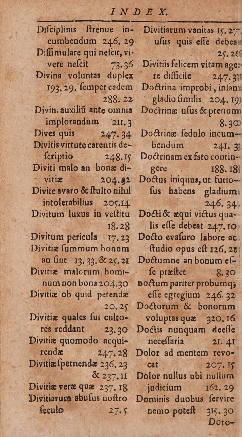 Difeiplinis fttenue in- cumbendum 246. 29 Diffimulare qui nefcit, vi- ^ vere nefcit 73.36 393. 29, femper eadem 2289225 Divin. auxiliá ahte omnia implorandum 211.5 Dives quis 247.34 fcriptio. 248.15 Diviti malo an bone di- iwi; MU 204,82 Diviteavaro &amp; ftulto nihil intolerabilius / 205.14. Divitum luxus in ve(titu 18.28 Divitüm pericula 17,25 Divitiz fummum bonam an(int 13,33.&amp; 25. 2t num non bonz204.30 : Divitiz ob quid petende 20,25 Divitis quales fui culto- res reddant Divitiz quomodo acqui- rende 247.28 Divitizfpernenda 236.23 | &amp; 237.1i Diviti vert que 227.18 | Divitiarum. abufus noftro feculo - 27.$ »DivitspdNvünflas 15.277 . ufus murem debeat ' 25. 266 Diitiis felicem vitam age: re difficile |—.247. 31 Do&amp;rina improbi, infami gladio (imilis. 204, 165 Doéctrinz ufus &amp; pretium $6.30) Do&amp;trinz. fedulo incum-- bendum : 241.33 Doctrinam ex fato contin-- gere I88. I8! Do&amp;us iniquus, ut furio-- fus habens gladium: 246. 34.. Do&amp;ti &amp; equi vicus qua- — lis effe debeat 247. 10: Do&amp;o evaíuro labore ac: ftudio opus eft 126, 2x: Doctumne an bonum eí- . fe praftet - $8.20: noctum pariter probumg; ; e(fe egregium 246.32 Doctorum &amp; bonorum voluptasque 320.16 Doctis nunquam deefle neceffaria 2x. 4I Dolor ad mentem revo- cat 207.1 Dolor nullus ubi nullum. judicium 162. 29 Dominis duobus fervire nemo poteft 31.30 ^ Doto-