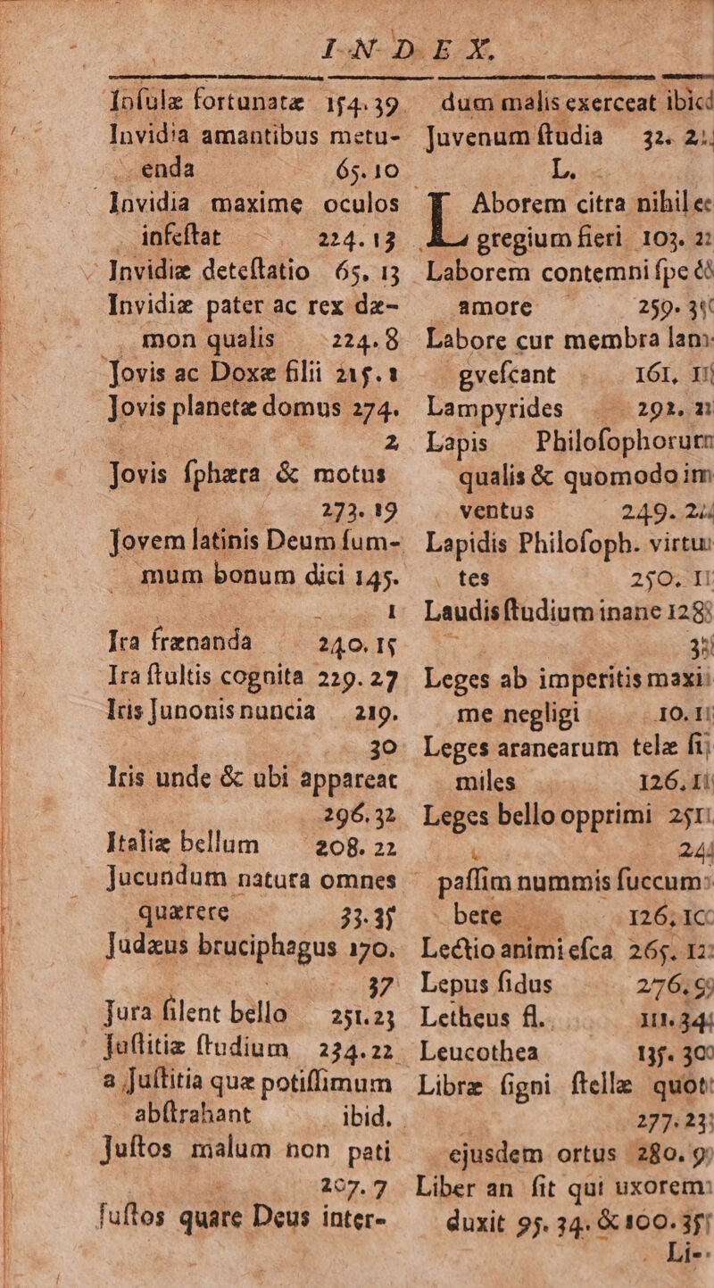 —— MÀ P —À9 — — Invidia amantibus metu- enda 65.10 Invidie pater ac rex dae- mon qualis — 224.8 Jovis planetz domus 274. Jovis fphazra &amp; motus 273.12 mum bonum dici 145. | ERE Ira frznanda 240. I$ Ira ftultis cognita 229.27 Iris Junonisnuncia | 219. 30 Iris unde &amp; ubi appareat 296.32 Italiz bellum — 208.22 quarere 33.3] Judaus ao sphagus 170. Jura filent bello Juflitiz ftudium a Jultitia que potiffimum 37 251.23 Juftos malum non pati : 207.7 fuftos quare Deus inter- dum malis exerceat ibici Juvenumítudia — 32. 2.. Aborem ane nihil ec Laborem contemni fpe é3 amore 259. 34. Labore cur membra lanx - gvefcant 161, Ij Lampyrides | 2921.1 qualis &amp; quomodo im ventus 249. 24 Lapidis Philofoph. virtu: . tes 250. II Laudis ftudium inane 128: 35 Leges ab imperitis maxi: me negligi 10. 11 Leges aranearum tela fij miles 126. Ii Leges bello opprimi 251; | 244 palm nummis fuccum: bete — 126, IC Lcétio animi efca. 265. 12: Lepus fidus 2/76. Letheus fl. I. 34: Leucothea 13j. 30: Libre figni felle quot: 277.23; ejusdem ortus 280. 9; Liber an fit qui uxorem: duxit 95. 34. &amp; 100. 3j! . Li-: