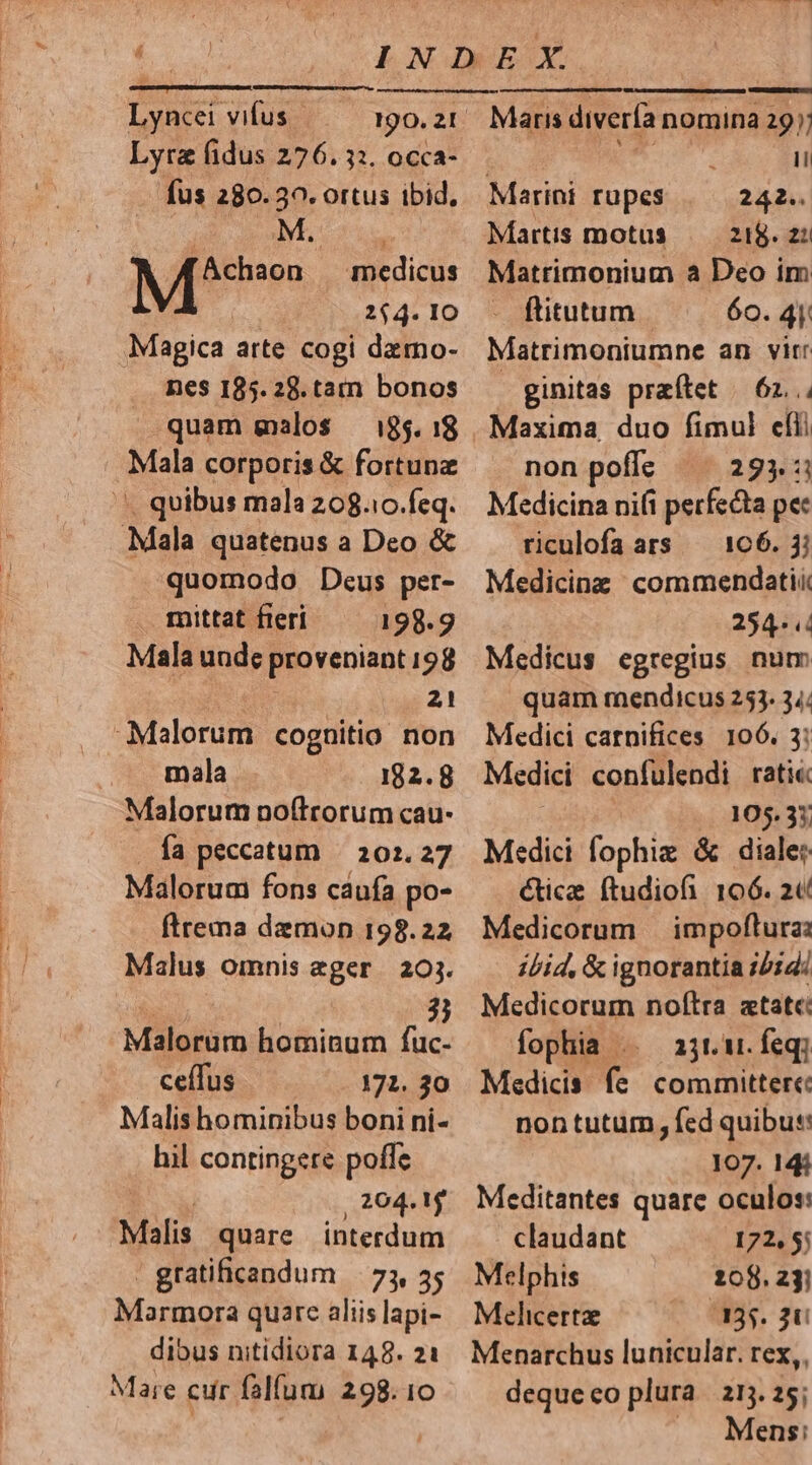 Lyncei vifus Lyra fidus 276. 32. occa- fus 280.30. ortus ibid, medicus MP | 254. IO Magica arte cogi dzmo- nes 185.28. tam bonos quam malos — 18$. 18 Mais corporis &amp; fortuna - quibus mala 208.:0.feq. Mala quatenus a Deo &amp; quomodo Deus per- mittat fieri 198.9 Mala unde proveniant 198 21 Malorum cognitio non mala 182.8 Malorum noftrorum cau- fa peccatum | 202. 27 Malorum fons caufa po- ftrema demon 198.22 Malus omnis eger 203. | | 3) Malorum hominum fuc- ceffus 171. 30 Malis hominibus boni ni- hil contingere poffe 204. 1j Malis quare interdum | gratificandum | 73, 3; AME wr quere aliis lapi- dibus nitidiora 148. 21 Mare cur falfum 298.10 Maris diverfa nomina 29); H Marini rupes 242. Martis motus 218. 21i Matrimonium à Deo im - ftitutum 60. 4j Matrimoniumne an vitr ginitas praítet | 62... Maxima, duo fimul efli non poflc 293: Medicina nifi perfecta pee riculofa ars ^ 1c6. ji Medicinz commendatii | 254.4 Medicus egregius num quam mendicus 253. 34: Medici carnifices 106. 3: Medici confulendi rati« 105.33 Medici fophiz &amp; diale: Cice ftudiofi 106. 2« Medicorum | impofturzz ibid, &amp; ignorantia 514; Medicorum noftra atat: fophia .. aj. a. feq; Medicis fe. committere: non tutum fed quibu: 107. 14i Meditantes quare oculos: - claudant 172, $: Melphis 208.231 Melicertze 35. 2t Menarchus lunicular. rex, deque co plura | 215. 25; Mens: