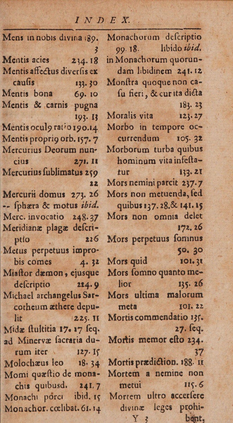 b zB sts Mons in nobis divina 189. : j Méatis acies 234.18 Mentis affectus diverfis ex — caufis. Mentis bona 69. 10 mous &amp; carnis pugna 193. H3 Mentis oculy ra0190.14. Mentis proprig orb. 157. 7 Mercurius Deorum nun- |. cius 2. Mercurius füblimatus 259 22 Mercurii domus 273. 26 -- fphera &amp; motus i5;4. Merc. invocatio 248.37 Meridianz. plaga defcri- pto | 216 Metus perpetuus impro- bis comes 4. 3 Miaftor demon , ejusque - defcriptio Michael archangelus Sar- — cotheum athere depu- lit — 1225. 31 Midz ftultitia 17. 17 feq. ad Minerva facraria du- ^rum itr . — J027.Hj Molochzus leo — 18.34 Momi queítio de mona- chis quibusd.— 241.7 Monachi: pórci — ibid. rg Monachot. ccclibat. 61. 14. Monachorum dco 99.18. libido 22:4. in Monachorum quorun- - dam libidinem. 241.12. Monítra quoque non ca- E fieri, &amp; curita dicta 183. 23 Moralis vita 12). 27 curtendum 105. 32 Motborum turba quibus hominum vita infefta- tu — í33. 21 Mors nemini patcit 237.7 Mors non metuenda, fed quibus 157. 28.X 141. 1$ Mors non omnia delet | 172. 26 Mors perpetuus forinus $0. 30 Morsquid ^ ^ 1013t Mors fomno quanto me- lioc 135. 26 Mors ultima malorum meta | por. 22 Mortis commendatio 3f. 27. Íeq. Mortis memor efto 234. . 37 Mortis prediliión. 1 Bi Mortem a nemine non metut 11$. 6 Mortem ultro accerfere dine leges prohi- due bant,