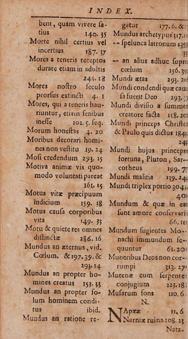 E] * OS bent, quam vivere fa. potap, 177. 6. &amp;: tius 140. 35 - Morte nihil. certius vel incettius— — 187. j ' Mores a teneris teccptos durare etiam in adultis EM 245. 18 Mores | noftro feculo . prorfus extincti — 4. r . Mores, qui a teneris hau- - fiuntur, etiain fenibus dnefle — — 102.5. feq. Morum honeftss | 4. 20 Moribus decorari homi- tesnon veftitu. I9. 24 Mofi credendum 295. i5 Motiva anima vis quo- modo voluntati pareat | IÓI. 15 Motus vite praecipuum indicium 159. 18 Motus caufa corporibus -. vita 149. 33 Motu &amp; quiete tes omnes diftincte 286.16. Mundus an zternus , vid. Colum. | &amp; 197. 39. &amp; | (39:14 Mundus an propter ho- mines creatus — 153. 33 Mundus an propter fo- lum hominem condi- tus ibid. Muadus àn ratione rc- - 7 Ípelunca latronum 134 | ET -- an alius adhuc fupr: colum 156.34 Mundi atas 293. 2 Mundi condendi que cau fafuerit Deo — 293.7 Mundi divifio a fummcc creatore fata — 18. 2co Mundi princeps. Chrifte &amp; Paulo quis dictus 184: | UM Mundi hujus. princeps: fortuna , Pluton , Sar-- cotheus ^ . 199.7 Mundi malitia — 139.24; Mundi triplex pottio 304, T ; 409 Mundum &amp; quz in ea: funt amore conafervarii | 66. 1t! Mundum fugientes Mo-: nachi immundum fe-- quuntur 61.20» Muneribus Deosnon cor-: rumpl 313. 277 Murene cum ferpente: conjugium 223.18. Mufarum fons ^ uo.6. N. : NTApze qn6 Narniz ruina 208. 22. Neta«