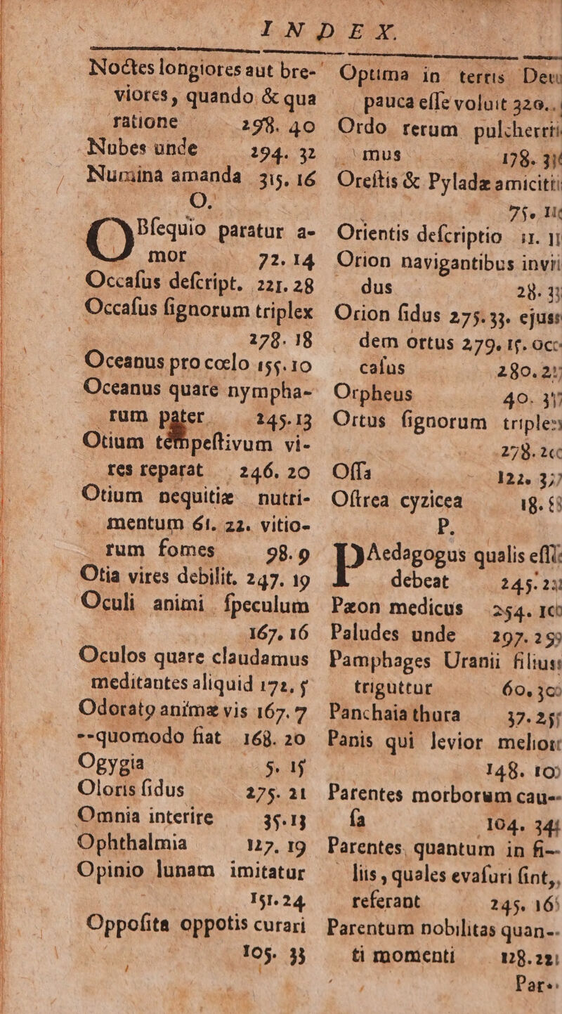 — cm T-— —( rorum c IUe ane TTDERSNEEIPTTETUR PUMP rr e Eau Rar LE c D 7 a ETTNT T j 7 viores, quando. &amp; qua ratione — - a9$. 4o Nubes unde 194. 32 Numina amanda 3i, 16 Oo. Qs paratur a- mor 72.14 Occafus defcript. 22r. 28 | 279. 18 Oceanus pro coclo 155.10 Oceanus quare nympha- .rüm pàáter 245.13 Otium téfhpeftivum vi- res reparat — 246. 20 Otium nequitie — nutri- rum fomes 98. Otia vires debilit, 247. 19 Oculi animi | fpeculum 167, 16 Oculos quare claudamus meditantes aliquid 172, f Odorato aníimz vis 167. 7 --quomodo fiat | 168. 20 Ogygia $1 Oloris fidus 275. 21 Omnia interire 35.1 Ophthalmia 127. I9 Opp lunam imitatur Ist. 24, Oppofita oppotis curari RAE / id UL OB NTTN e b  uw E o e - CAmmE Optma in terris. Deu pauca efTe voluit 320.. | Ordo. rerum. pulcherrii mus | 178- 31! Oreítis &amp; Pyladz amicitti 7$» Ik Orientis defcriptio | ix. 11 Orion navigantibus invii dus 20. 5 Orion fidus 275.35. ejus: dem ortus 279. if. oc: cafus 280.2 Orpheus 40. 31 Ortus fignorum triples 2798.2«c Ofa . 122. 37 Oftrea Sruent 18. £8 passes qualis effi: debeat 245.23 Paon medicus 254. 1c: Paludes unde — 297.29) Pamphages Uranii filius: triguttur 60, 3c Panchaia thura 37. 251 Panis qui levior meliot: 148. to Parentes morborum cau-- fa 304. 341 Parentes, quantum in fi-- liis ; quales evafuri (int,, referant 245. i6: Parentum nobilitas quan.. ti momenti 128. 221 Par»: