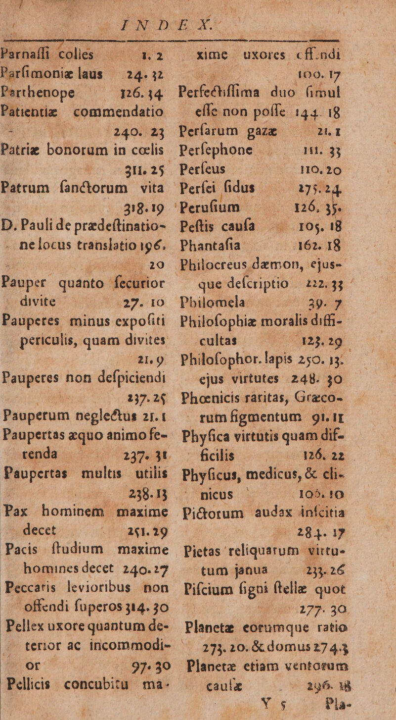 Psrnaffüi colies — — 1.2 Parfimoniz laus — 24.32 Perthenope 126.14 Patientia commendatio ! (240. 23 Biirue boffeuim 1 in coelis 211,25. Patrum fanctorum vita | 318. 19 D. Pauli de prde(tinatio- - nelocus translatio 19€. j | 20 Pauper quanto fecurior . divite 27. 10 Pauperes minus expo(iti n9 Pauperes non defpicieudi 2137.24 Paupetum neglectus 2]. 1 Paupertas equo animo fe- renda — Paupertas multis. utilis Tax hominem maxime decet 241.29 Pacis ítudium | maxime homines decet. 240.27 Peccaris levioribus non - offendi fuperos 314. 30 Pellex uxore quantum de- P DE 97: 30 Pellicis. concubitu. ma- xime. uxores. «8 odi . 109. 17 Perfoehllidin duo (imul effe non poffe. 144. i8 Períarum gaza 2I Perfephone —— 11.3; Períeus H0.20 Perfei fidus 275.24. 'Perufium — 126, 3. Peftis caufa ——.— 105.18. Phantafia- 162. I8 Philocreus demon, ejus- que defcriptio | 222.33 ' Pbilomela: 29. 7 Philofophiz moralis diffi- cultas (5325,29 Philofophor. lapis 250. 13: ejus virtutes 248. 30 Phoenicis raritas, Grzco- rum figmentum. gi. IE Phyfica virtutis quam dif- ficilis | 226.22 Phyficus, medicus, &amp; cli- nicus - 105. !0 Picdorum audax ánfcitia (284.17 Pietas reliquarum virtue tum janua 233.26 Pifcium figoi (telle quot 177. 30. Planete eorumque ratio 273. 20. &amp; domus 274.4 Planetz etiam ventorum caula aig6. Wi Ns Pla-