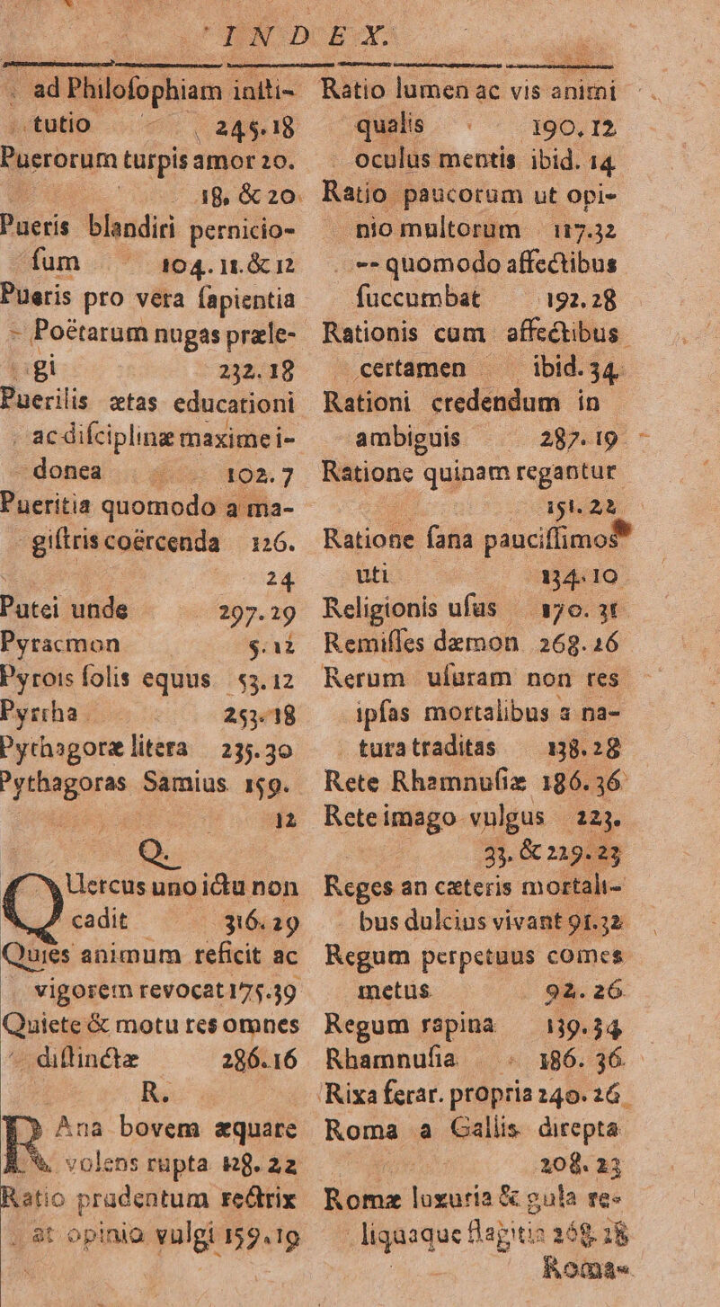 €— .tutio 4. 24$.18 Puerorum turpis amor 20. qualis. 190,12. . oculus mentis ibid. z Pucci blandiri pernicio- fum 104.11. 12 Pueris pro vera fapientia - Poétarum nugas prale- gi 232.18 Buca &amp;tas educationi . ac difciplinz maximei- - donea 102.7 Pueritia quomodo a ma- -giftriscoércenda — 126. 4 : 24 Putei unde 297.29 Pyracmon BU Pyrois folis equus — $3.12 Pyrrha. 253.18 Pytrhagorzlitera 23.30 pas de Binios 159. 1i Uercus uno idu non NM 7 cadit 316.19 Quits animum. eeficit ac Quiete &amp; motu res omnes ^- diffincte 286.16 R. Ana bovem square Ratio pradentum reGtrix . 8t opinio vulgi 159.19 niomultorum . 117.32 .. -- quomodo affc&amp;tibus fuccumbat 1192.28 Rationis cam affectibus. certamen ——— ibid.34. Rationi credendum in - ambiguis 287.19 - Ratione quinam regantur. 3515.24. Eatode fana pauciffi mos* uti 134-10. Religionis ufus — 170. 3€ Remiffes demon | 268.16 Rerum ufuram non res ipfas mortalibus a na- turatraditas — 138.28 Rete Rhamnu(íiz 186.36: ions imago vulgus An. 33. &amp; 219.23 Risdk an cateris mortali- bus dulcius vivant 91.52. Regum perpetuus comes metus. 92.26 Regum rapina — 139.34 Rhamnufia 186. 36. Roma a Gallis direpta 208. 23 Bine vede &amp; gula re- ligaaque epit 308.2 iR Romas.