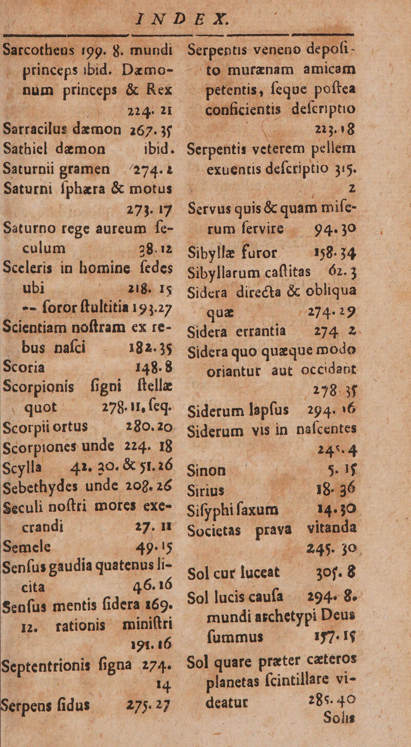 . princeps ibid. Dazmo- opo M4 Sathiel demon Saturnil gramen — 274.2 Saturni Íphera &amp; motus 273.17 Baume: rege aureum fe- culum 28.12 Sceleris in homine fedes ubi 218. 15 -- foror ftultitia 193.27 Scientiam noftram ex re- bus nafci 182.35 Scoria pu c Scorpionis figni ftella . quot Scorpi ortus 280.20 Scorpiones unde 224. 18 Scylla — 42. 20. € 51.16 Scbethydes unde 209. 26 Seculi noftri mores exe- - crandi 27. M Semele - 49.15 Senfus gaudia quatenus li- cita 4,6. 16 Senfus mentis fidera 169. 12. rationis mini(tri 191. 16 Meprentrionis figna 274. HU Sérpeus fidus — 275.27 Serpentis veneno 7. 3 /to murznam amicam petentis, ícque poftea — NEA: defcriptio dus Mt 213.18 Serpettis veterem pellem : exuentis ni 315. 2 | sco quis &amp; quam ibi . rum ervirte /— 94.39 Sibylle furor. — 158.34 Sibyllarum caflitas 62.3 Sidera directa &amp; obliqua qua (0274419. Sidera errantia — 274 2. Sidera quo queque modo oriantur aut occidant ,178.3$ Siderum lapfus | 294. 16 Siderum vis in nafcentes | 249.4 Sinon $. 15 Sirius 18. 36 Sifyphifaxzum ^ — 14.30. Societas prava vitanda (uen -— 245. 30. Sol cur luceat 30f. 8. Solluciscaufa | 294. 8. mundi aschetypi Deus fummus 157. 1$ So] quare prater cateros planetas fcintillare vi- deatur 285.40. Soils —