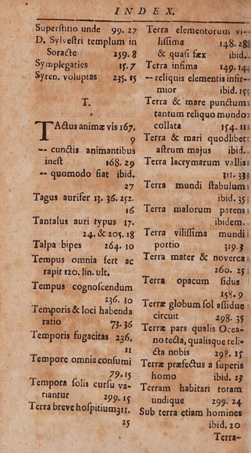 99. 27 D. Sylveftri templum in — Soracte e ol 8 Symplegaties — Syrep. voluptas, | 'Superftitio unde | aig. t5 T. | Toe anime vis 167. -- cundis animantibus ineft 168. 29 e- quomodo fiat ibid. Tagus aurifer nj. 36. 252. i6 | 244 205. 18 Talpa bipes 264. 10 lempus omnia fert ac rapit 120. lin. ult, Tempus cognofcendum 236. IO Temporis &amp; loci habenda INNO 2 xn 73. 36 Temporis fugacitas 236, T Tempore omnia confumi 72.15 Và- riantur 299. 1$ g. Terra breve hof, pitiumarr, 25 Tempora (ils curfu Terra. elementorum vi-- liffima 148. 28i &amp; quafi fex ibid, Terra infima —— 149.144 - reliquis elementis infir-- mior ibid. re; lerra &amp; mare pundum: tantum reliquo mundo» collata )j 4. 11i Terra &amp; mari quodlibet: atrum majus — ibid.. Tetra lacrymarum vallis: 31.33] Terra mundi ftabulumi: ibid. 35; Terra malorum patens: ibidem... Terra viliffima | mundii portio 319.3. Terra mater &amp; noverca ,... 260... 251 Terra opacum : Uy Terre globum fol s (ay i circuit 298.35. Terre pars qualis. Ocea- no tecta, qualisque reli» . ta nobis 298. 1j Terra praefectus a fuperis: homo ibid. 27 lerram habitari totam undique 299. 24, Sub terra etiam homines. ibid. 20 . Terra-