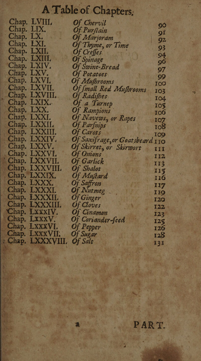 - Chap. LVIII, Of Chervil 90 _ Chap. LIX. Of Purflain .. gi . LX, _ Of Marjoram |. Oz. XG hy Of Thyme, or Time 93 - LXII. Of Creffes oe. O04 . LXII. Of Spinage 96 . LXIV Of Swine-Bread 97 « LXV. Of Potatoes bi YO9 p. LXVI. =. Of Atufhrooms ~ too . LXVIL. Of fall Red Mufhrooms 103 ; » LXVIIL Of Radifies 104, Chap. LXIX.. Of a Turnep 10§ . LXX., Of Rampions’ —- 106 . LXXI. Of Navews, or Rapes 107 9, LXXIL. Of Parfnips ‘ 108 » LXXII Of Carots | 109 « LXXIV. Of Saxifrage,or Goatsbeard 110 » LXXV. Of Skirret, or Skirwort 111 . ~ LXXVI. . Of Onions ; ou TBD ~ LXXVII. Of Garlick 113 Chap. LXXVIIL Of Shalot 115 Chap. LXXIX, Of Mujtar Ne 116 Shap. LXXX. Of 7 117 » LXXXI. Of Nutmeg _. | IEQ ~ LXXXIL «= Of Ginger 120 » LXXXIIL Of Cloves TE gi Tate . LXXXIV. Of Ginamon : 123° . LXXXV. © Of Coriander-feed 125 » LXXXVI. Of Pepper — 126 Chap. LXxxVII. Of Sugar 128 sChap. LXXXVIIL Of Sade 135 a ee ky. Popa