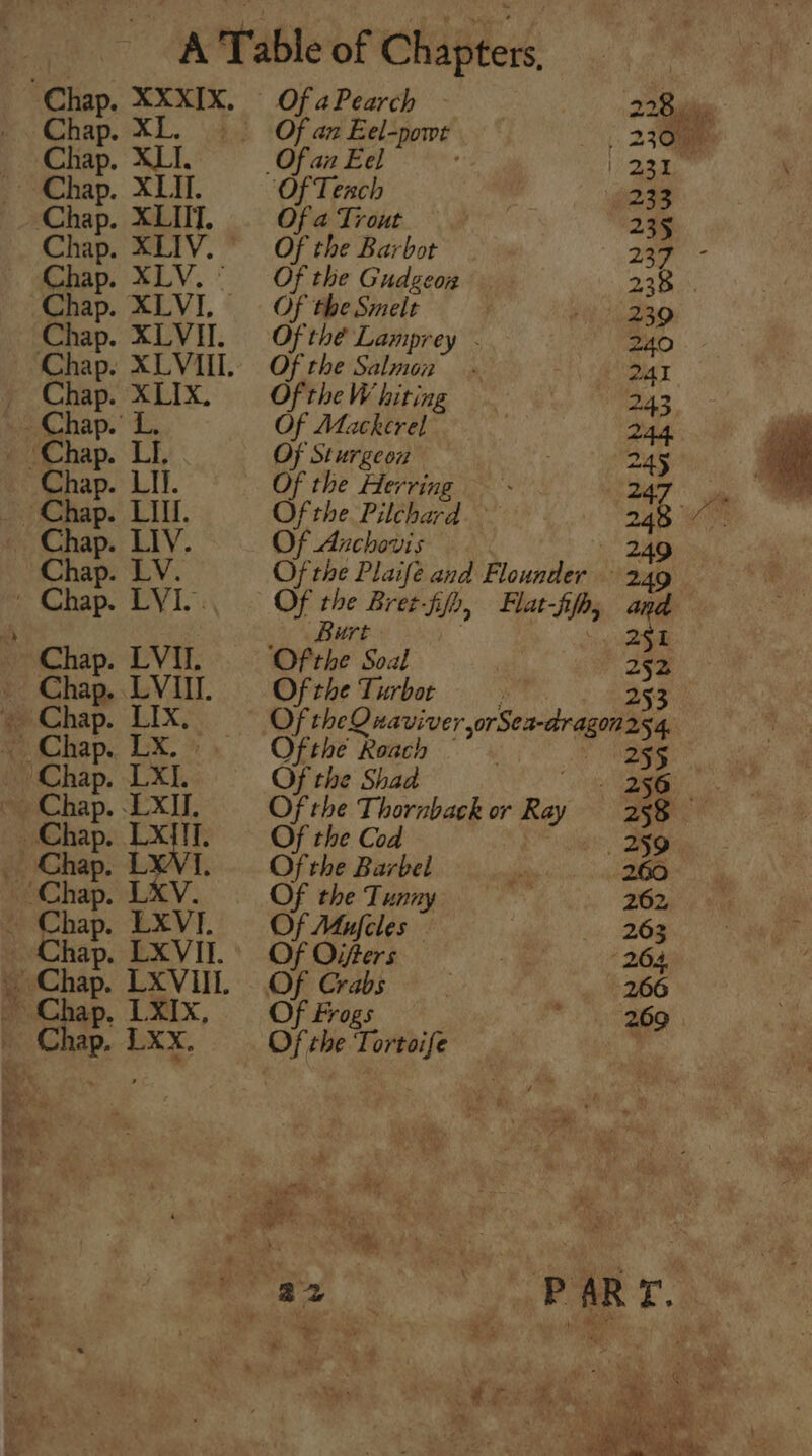 A Table of Chapters, Chap. XXXIX. Of aPearch Chap. XL. Of an Eel-powt Chap. XLI. Of an Eel , Chap. XLII. ‘Of Teach Chap. XLIIT. Of a Trout Chap. XLIV. Of the Barbot . Chap. XLV. = Of the Gudzeon Chap. XLVI, Of the Smeit | Chap. XLVIT. Ofthé Lamprey - Chap. XLVI. Of the Salmon Chap. XLIX. Ofthe Whiting Chap.’ L. Of Mackerel” ‘Chap. LI, Of Sturgeon Chap. LIT. Of the Herring — - Chap. LIT. Of the Pilchard. | Chap. LIV. Of Anchovis 249 Chap. LV. Of the Plaifé and Flounder 249 ~ Chap. LVI, © Of the Bret-fifa, Hlat-ffh, and a Burt 251 Chap. LVII. Ofthe Soal , 252 : Chap. LVI. Of the Turbot ; . 253 » Chap. LIX, = Of theQuaviverorSea-dragon254, qa (Chap. UX. » Ofthe Roach “ eigie Chap. LXI. Of the Shad oe ae % Chap. -LXI. Of the Thornback or Ray = 258 . Chap. LXYT. = Of the Cod } 259 Chap. LXVI. Of rhe Barbel POORER «iit ‘Chap. LXV. Of the Tunny 55 Pr | , ok LXVI. Of Mufeles 268. eae - Chap. LXVIT.) Of Ojfers tt 264, » Chap. LXVUL Of Crabs. 266 - Chap, LXIX, Of Frogs ‘ 269 _ Chap. LXx, Ofthe Tortoife i “ Oe ae, re 22 : a