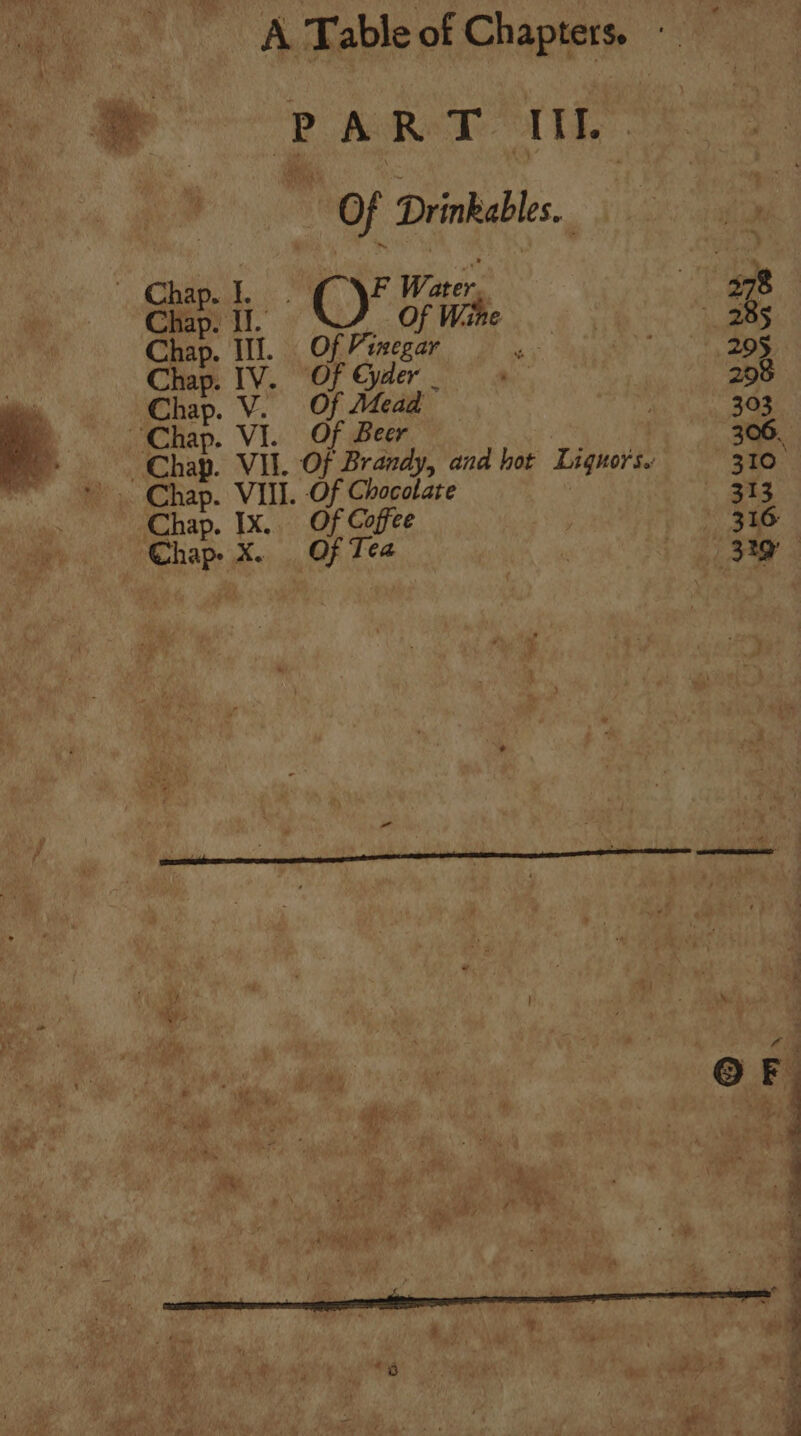 | Pp ARETE VI eo a bt Of Drinkables.. ee Chest. . F Water. 378 Chap. i], eu OP. Waihe #4 7 285 Chap. Il. OfVinegar : 295 Chap. IV. Of Ger + | 298 Chap. V. Of Adead : 303 Chap. VI. Of Beer en ae Chap. VII. Of Brandy, and hot Liquors. 310 Chap. VIII. Of Chocolate | ot ay Chap. Ix. Of Coffee ; / ) Bie jean ‘Chap. X. Of Tea : Pe ‘ ‘ * ad { % Fi ’ d ‘e ie a | Ya J ~~ 4