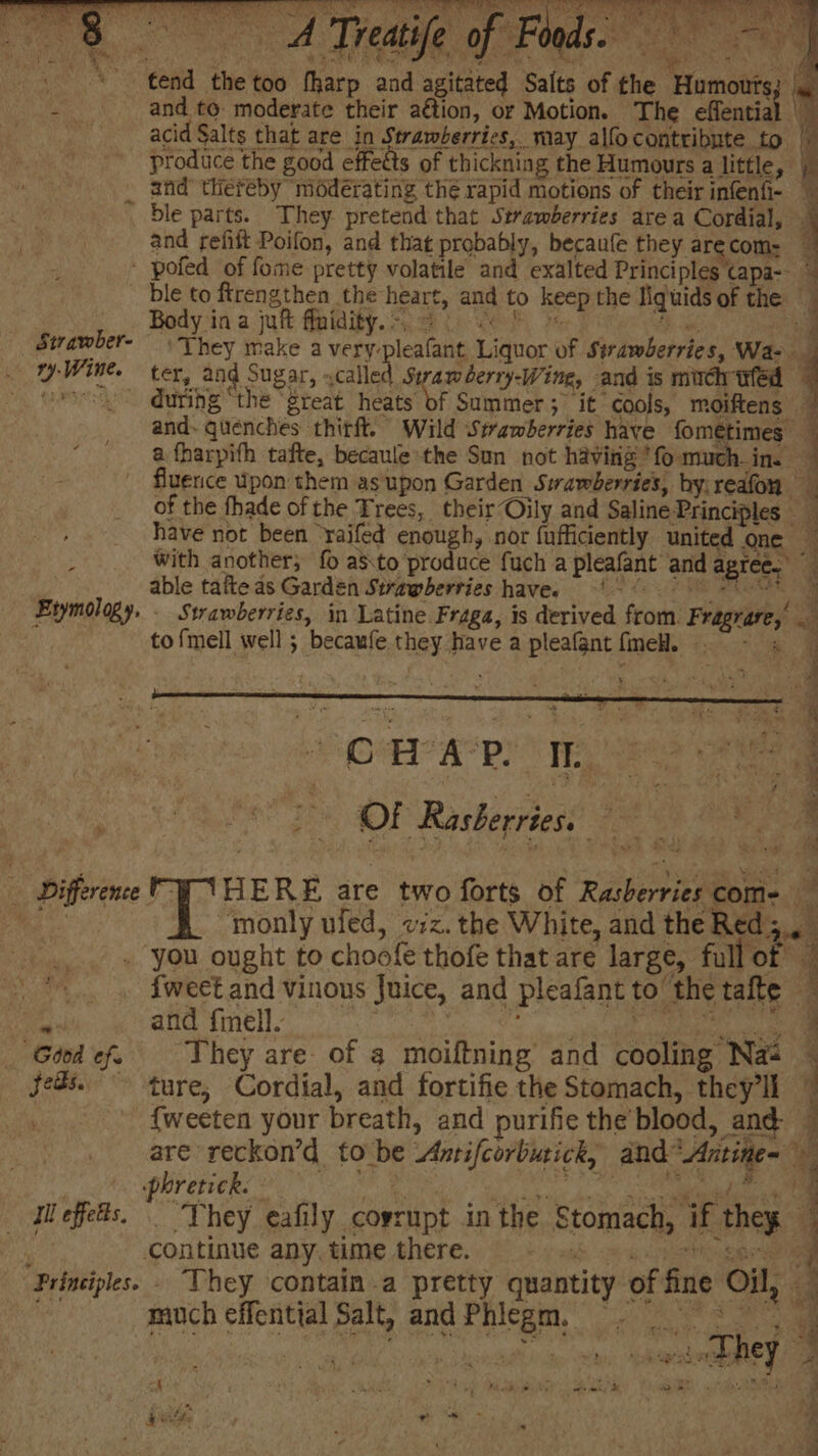 Strawber- ry-Wine. - _ Good ef. feds. * Y if effets. ble to firengthen the heart, and to keep the liquids of the Body in a juft ffnidity. 3 6% , a fharpifh tafte, becaule-the Sun not having fo muchin. — fluerice Upon them as upon Garden Swawberries, hy: reafon of the thade of the Trees, their Oily and Saline Principles have not been ‘raifed enough, nor {ufficiently united one — With another; fo asto produce fuch a pleafant and agTCee able tafte as Garden Strawberries have. i 0 9 OF - Strawberries, in Latine Fraga, is derived from. Fragrarey — tofmell well ; becaufe they have a pleafant fine. . - « a ats’ + wee es ai Be OF Rasberries. tale 5 4 is a = yee o. “monly ufed, vzz. the White, and the Red ;.. you ought to choofe thofe that are large, full of {weet and vinous Juice, and pleafant to the tafte © and finell. Ce a They are of a moiftning and cooling Naa ture; Cordial, and fortifie the Stomach, they'll {weeten your breath, and purifie the blood, and © are reckon’d to be Antifcorbutick, and Antine- ¥ : bs 4 4 phretick. ne 3 Se _, They eafily corrupt inthe Stomach, if they q continue any. time, there. © =k aay ehogene They contain.a pretty quantity of fine Oil, — much effential Salt, andPhiegm, es Laima ilo \csardoASY 4 hess . SRR oie Ra ae ae ca bite ; ole. ies i