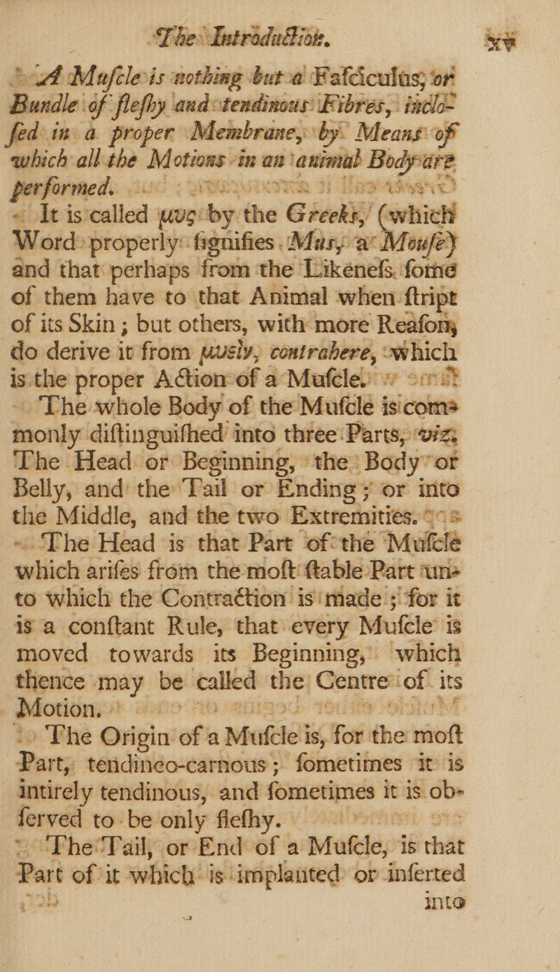 at M afcleris nothing butva Fafciculus; or Bundle of flefhy andctendinous: Fibres, inclo- fed in a proper Membrane, ‘by. Means: of which all the M otions ‘in an anemia Bodpare performed. uk &gt; SFE ee As) Word» properly: fignifies. Mas, ac Moufé and that perhaps from the Likénels. fome of them have to that Animal when: ftript of its Skin ; but others, with more Reafony do derive it from susly, contrahere, owhich is the proper Action:of a Mufeley vost _ The whole Body of the Mufcle isicoms daondyy diftinguifhed’ into three Parts; wiz, The Head or Beginning, «the: Body: ‘or Belly, and’ the Tail or Ending ¥ or into the Middle, and the two Extremities. «: ~The Head is that Part ofthe “Molle wilich arifes from the moft' {table Part un+ to which the Contraction is imade: 3 for it is a conftant Rule, that every Mufcle is moved towards its Beginning, which thence may be wragse the Centre: of. its , Motion. — iD | The Origin of a Mute’ is, ott the sit} Part, téndineo-carnous ; fometimes it’ is intirely tendinous, and fometimes it is. ob» fer ved to be only fiefhy. -'TPhe'Tail, or End of a Mute, i is that Part of it which: is implanted: or inferted p10 Inte Lee |