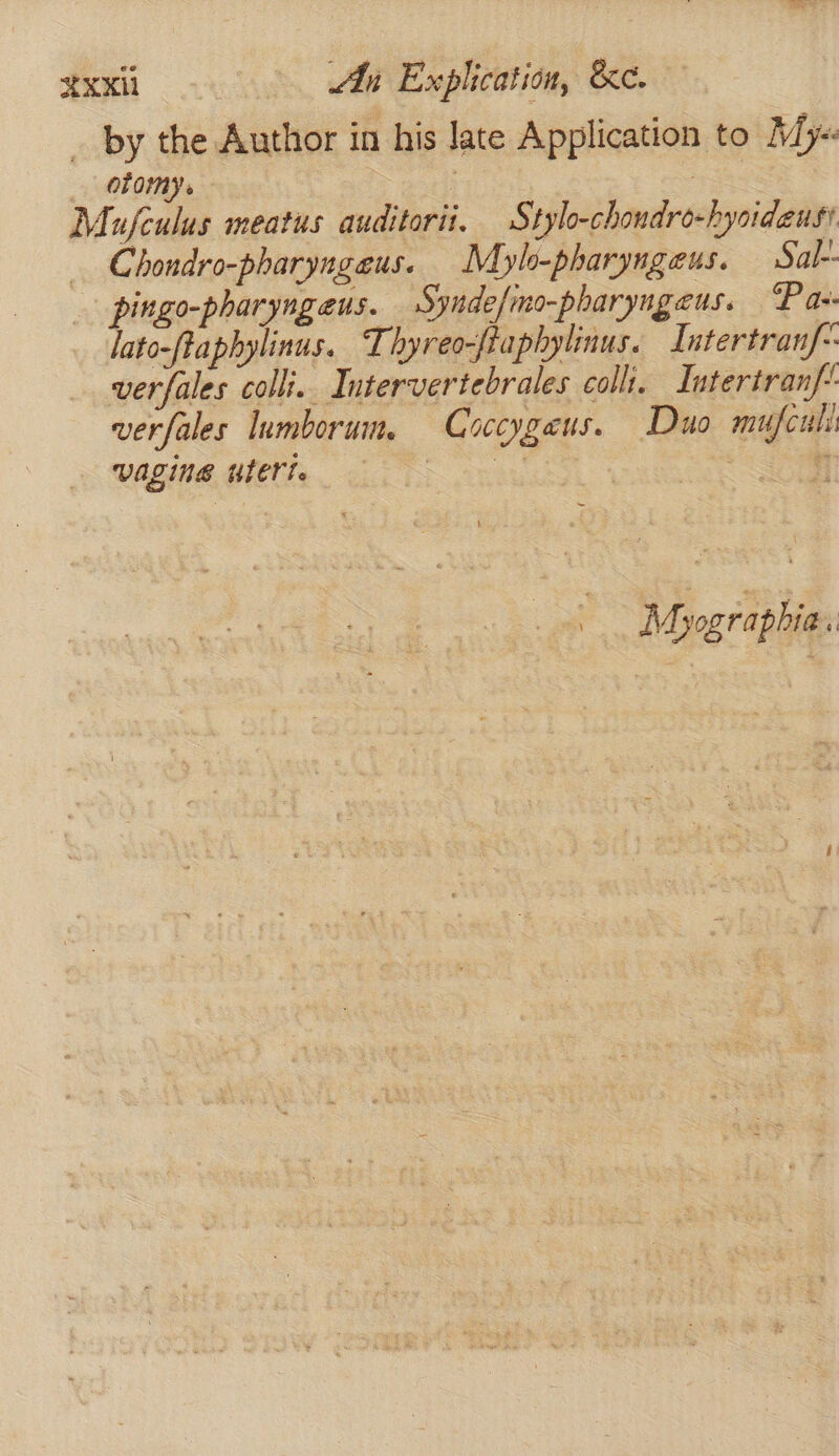 tae 3 Mn Explication, &amp;e. _ by the Author in his late Application to My« OLOMY. ; ; Mu/fculus meatus auditorit. Stylo-chondro-hyoideust _ Chondro-pharyngeus. Mylo-pharyngeus. Sal-- pingo-pharyngaus. Syndefmo-pharyngeus. “Pax. _ dato-ftaphylinus. Thyreo-ftaphylinus. Intertranf-- verfales colli. Intervertebrales colli. Intertranf- verfales lumborum. Coccygeus. Duo mufculi vaging utert. Sahay esl (on Ou Myographia i