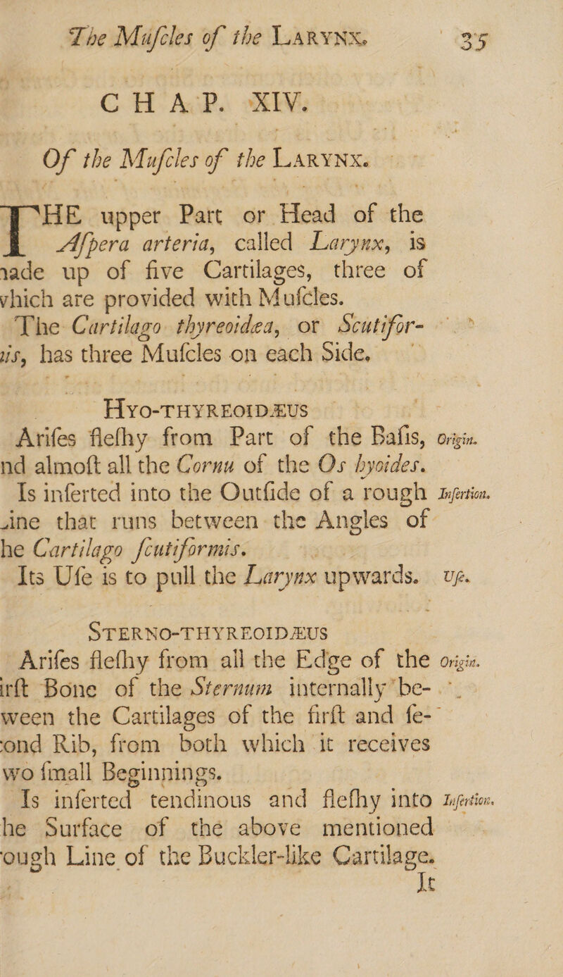 CHAP. NIV. of the Mrfles ofthe Larynx. 7 eg upper Part or Heid of the Afpera arteria, called Larynx, is rade up of five Cartilages, three of vhich are provided with Mufcles. The Cartilago thyrecidea, or Scutifor- ° us, has three Mutcles on each Side. E Bide snc | Arifes flefhy from Part of the Bats, Origin. nd almoft all the Cornu of the Os byoides. Is inferted into the Outfide of a rough Infertion. .ine that runs between the Angles of he Cartilago fcutiformis. | Its Ufe is to pull the Larynx upwards. Uf. STERNO-THYREOIDAWS -Arifes flefhy from all the Edge of the ong irft Bone of the Sternum internally be- ween the Cartilages of the firft and fe-— ond Rib, from both which it receives wo fall Beginnings. — ‘Is inferted tendinous and flefhy into sya he Surface of the above mentioned ough Line of the Buckler-like Cartilage. | Je