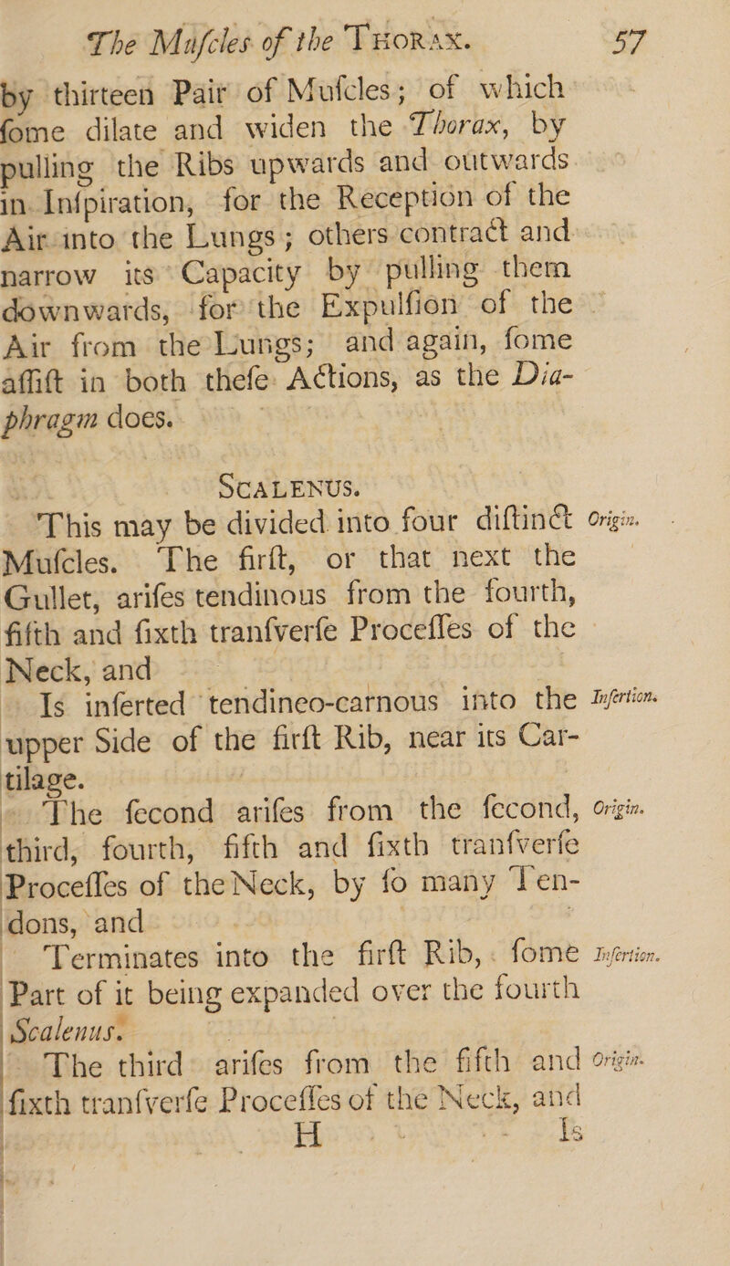 by thirteen Pait of Mufcles; of which fome dilate and widen the Thorax, by pulling the Ribs upwards and outwards in Infpiration, for the Reception of the Air into the Lungs; others contract and narrow its Capacity by” pulling them downwards, forthe Expulfion of the — Air from the Lungs; and again, fome affitt in both thefe: Actions, as the Dia- phragm does. | ‘eh SCALENUS. This may be divided into four diftinet ovigix Mulcles. The firft, or that next the Gullet, arifes tendinous from the fourth, fifth and fixth tranfverfe Procefles of the Neck, and | | Is inferted tendineo-carnous into the Irion upper Side of the firft Rib, near its Car- tilage. | - The fecond arifes from the fecond, ogi third, fourth, fifth and fixth tranf{verfe Procefles of the Neck, by fo many Ten- dons, and. : | Terminates into the firft Rib, « fome smefrtien. Part of it being expanded over the fourth Scalenus. ed : The third’ arifes from the fifth and orgs. fixth tranfverfe Proceffes of the Neck, ana