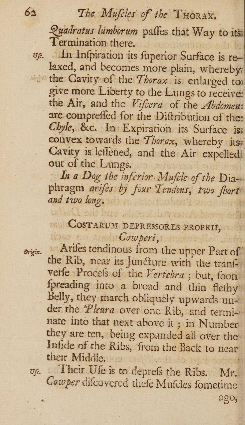 Up. Quadratus himborum pafles that Way to its ‘Termination there. al pe te “In Infpiration its fuperior Surface is re~ laxed, and becomes more plain, whereby give more Liberty to the Lungs to receive the Air, and the Vifcera of the Abdomen: Chyle, &amp;c. In: Expiration its Surface isi convex towards the Thorax, whereby its; Cavity is leflened, and the Air expelled| Origin. ~ Ia a Dog the raferior Mufcle of the Dia-» phragm arifes by four Tendons, two Short and two long. » bar% — \\ CosTARUM DEPRESSORES PROPRII, HQ89 8O. sophinGadw pans) Fes! Saal . Arifes tendinous trom the upper Part of the Rib, near its Juncture with the trant verle -Procefs of the Vertebra ; but, foon {preading into a broad and thin flethy’ Belly, they march obliquely upwards un= der the Pleura over one Rib, and termi- nate into that next above it ; in Number they are ten, being expanded all over the. Infide of the Ribs, from the Back to near their Middléssiay: is)\) ei doe _ Their Ufe is to deprefs the Ribs. Mr. Cowper difcovered thefe Mufcles fometime AQO, »