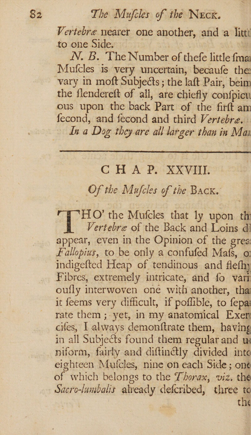 Vertebre nearer one another, and a litt to one Side. BAS 3 7 NN. B. The Number of thefe little fme Mufcles is very uncertain, becaufe the vary in moft Subjects ; the laft Pair, beim the flendereft of all, are chiefly confpicu ous upon the back Part of the firft am fecond, and fecond and third Vertebre. In a Dog they are all larger than in Mai CHA P. XXVIII. Of the Mufcles of the Back. “PT ‘HO’ the Mufcles that ly upon th Vertebre of the Back and Loins di appear, even in the Opinion of the grea: Fallopius, to be only a confufed Mafs, o: indigefted Heap of tendinous and flefhy Fibres, extremely intricate, and fo varr oufly interwoven one with another, thai it feems very difficult, if poflible, to fepas rate them; yet, in my anatomical Exer cifes, I always demonftrate them, having in all Subjects found them regular and uw: niform, fairly and diftinGtly divided inte eighteen Mufcles, nine on each Side ; oné of which belongs to the Thorax, viz. the Sacro-lumbalis already defcnbed, three te the