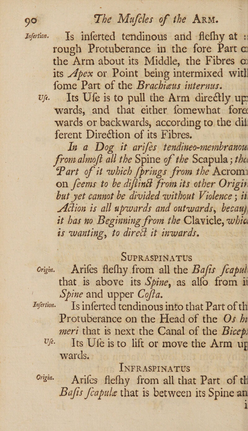 Infetin. Ys inferted tendinous and flefhy at : rough Protuberance in the fore Part @ the “Arm about its Middle, the Fibres @ its Apex or Point being intermixed witl fome Part of the Brachieus internus. uy. Its Ufe is to pull the Arm directly up wards, and that either fomewhat fore wards or backwards, according to the dil ferent Direction of its Fibres. In a Dog it arifes tendineo-membranou from almoft all the Spine of the Scapula ; the Part of it which (prings from the Acrom) on feems to be diftinE from its other ms but yet cannot be divided without Violence ; Action is all upwards and outwards, ee it has no Beginning from the Clavicle, whic as wanting, to direct it inwards, SUPRASPINATUS origin, — Arifes flefhy from all the Bafis /capul that is above its Spine, as alfo from il Spine and upper Co/ta. - Infrtim. Tg inferted tendinous into that Part of th Protuberance on the Head of the Os hi meri that is next the Canal of the Bicep: Ye Its Ufe isto lift or move the Arm uf wards. | INFRASPINATUS Orgin. ~~ Arifes flefhy from all that Pare: of th Bafis fcapule that is between its Spine an 1