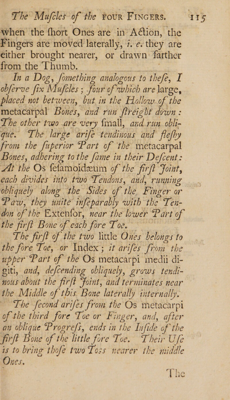 when the fhort Ones are in ACtion, the Fingers are moved laterally, 7..¢. they are either brought nearer, or drawn. farther Mere ug ee In a Dog, fomething analogous to thefe, I obferve fix Mufcles ; four of which are large, placed not between, but in the Hollow.of the metacarpal Bones, and run fireight down : The other two are very {mall, and.run obli- que. The large arife tendinous and flefhy from the fuperior Part of the metacarpal Bones, adhering to the fame in their Defcent: Mt the Os fefamoideeum of the firft Foint, each divides into two Tendons, and, running obliquely along the Sides of the Finger or Paw, they unite infeparably with the Ten- don of the Extenfor, near the lower Part of the firft Bone of each fore Toe. The firft of the two little Ones belongs to the fore Tae, or Index; it arifes from the upper “Part of the Os metacarpi inedii di- giti, and, defcending obliquely, grows tendi- nous about the firft “foint, and terminates near the Middle of this. Bone laterally internally. The fecond arifes from the Os metacarpi of the third fore Toe or Finger, and, after an oblique Progrefs, ends in the Infide of the firft Bone of the little fore Toe. Their Ufe is to bring thofe two Toss nearer the middle Ones.