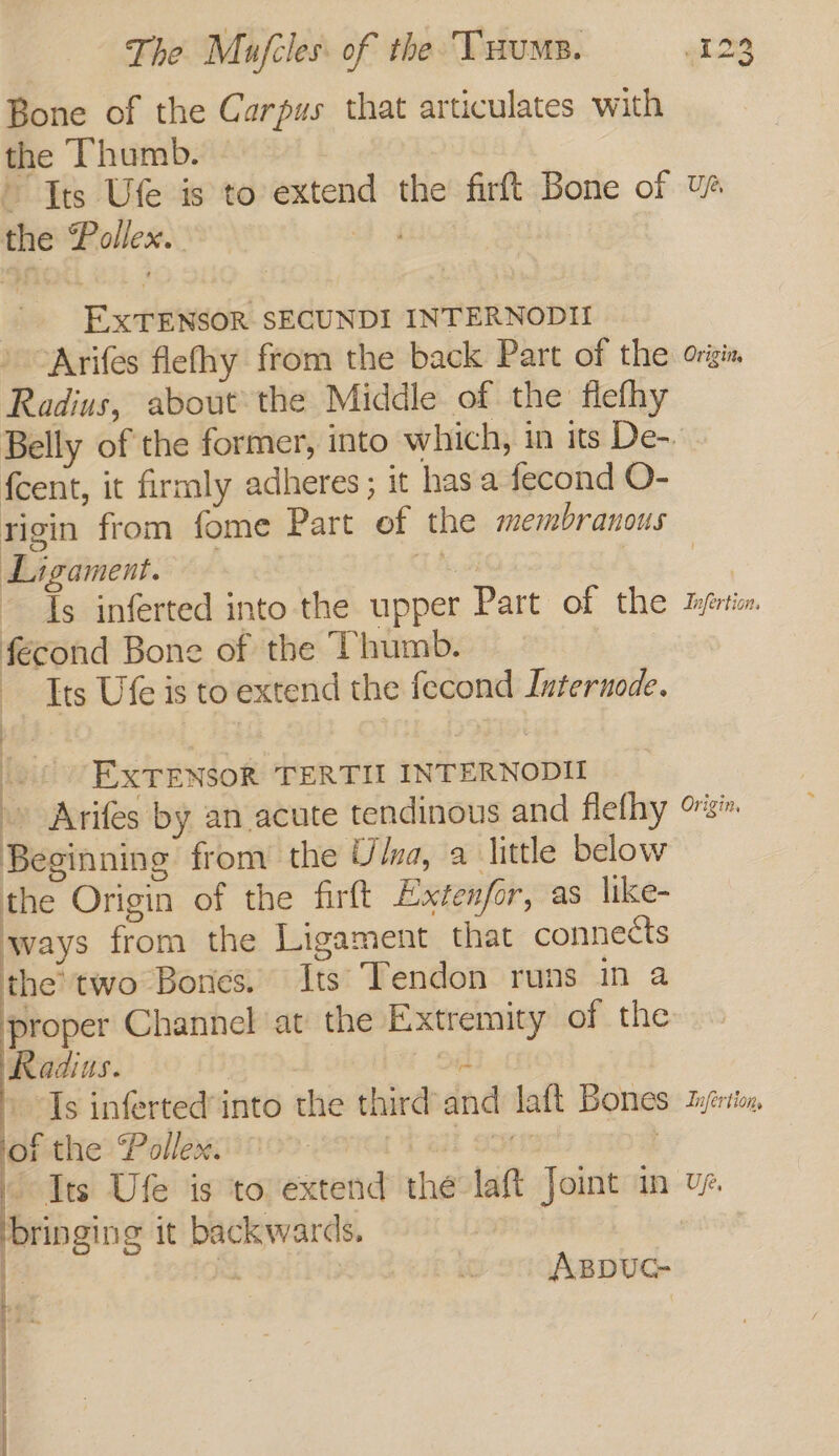 Bone of the Carpus that articulates with the Thumb. ~ Tts Ute is to extend the firft Bone of the Pollex.. EXTENSOR SECUNDI INTERNODII - Arifes flefhy from the back Part of the Radius, about the Middle of the flefhy fcent, it firmly adheres; it has a fecond O- Uf, Orig ie Ligament. Is inferted into the upper Part of the fecond Bone of the Thumb. Its Ufe is to extend the fecond Internode. : EXTENSOR TERTIL INTERNODIL » Arifes by an acute tendinous and flefhy Beginning from the Ula, a little below the Origin of the firtt Extenfor, as like- ways from the Ligament that connects the’ two Bones. Its Tendon runs in a Radius. | A --[s inferted'into the third and laft Bones of the “Pollex. | ik SEN Its Ufe is to extend the laft Joint in bringing it backwards. q i My | : Infertion. Origin, Up.