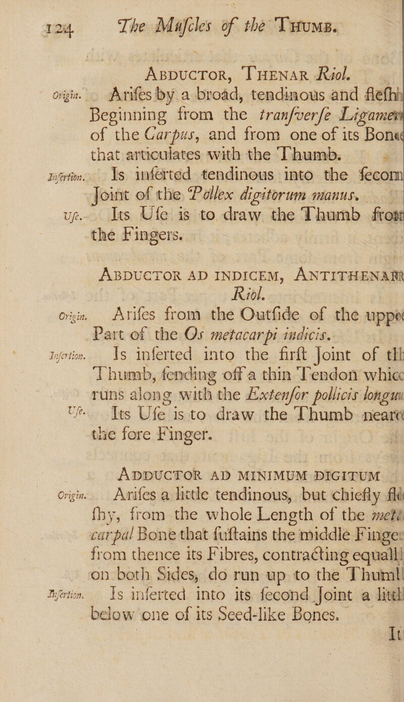 Aspuctor, THENarR Ruol. origi, Arifes by a broad, tendinous and fle Beginning from the tranfverfe Ligame of the Carpus, and from one of its Bona that articulates with the Thumb. 3 titrtim. Ls inferted tendinous into the fecom Joint of the Pollex digitorum manus. ue. Its Ule is to draw the Thumb fror the Fingers. | ABDUCTOR AD INDICEM, ANTITHENARR Rial. orem Arifes from the Outfide of the Upper Part of the Os metacarpi indicis. tyotin. Is inferted into the firft Joint of th Thumb, eating off'a thin Tendon whic runs along with the Extenfor pollicis longuu te. Tts Ufe is to draw the Thumb. neart the fore Finger. ADDUCTOR AD MINIMUM DIGITUM origin Arifes a lictle tendinous, but chiefly fd fhy, from the whole Length of the meté carpal Bone that fuftains the middle Fingee from thence its Fibres, contracting equall! on beth Sides, do run up to the Thuml Kyewtin. Js inferted into its fecond Joint a itd _ below one of its Seed-like Bones. - It